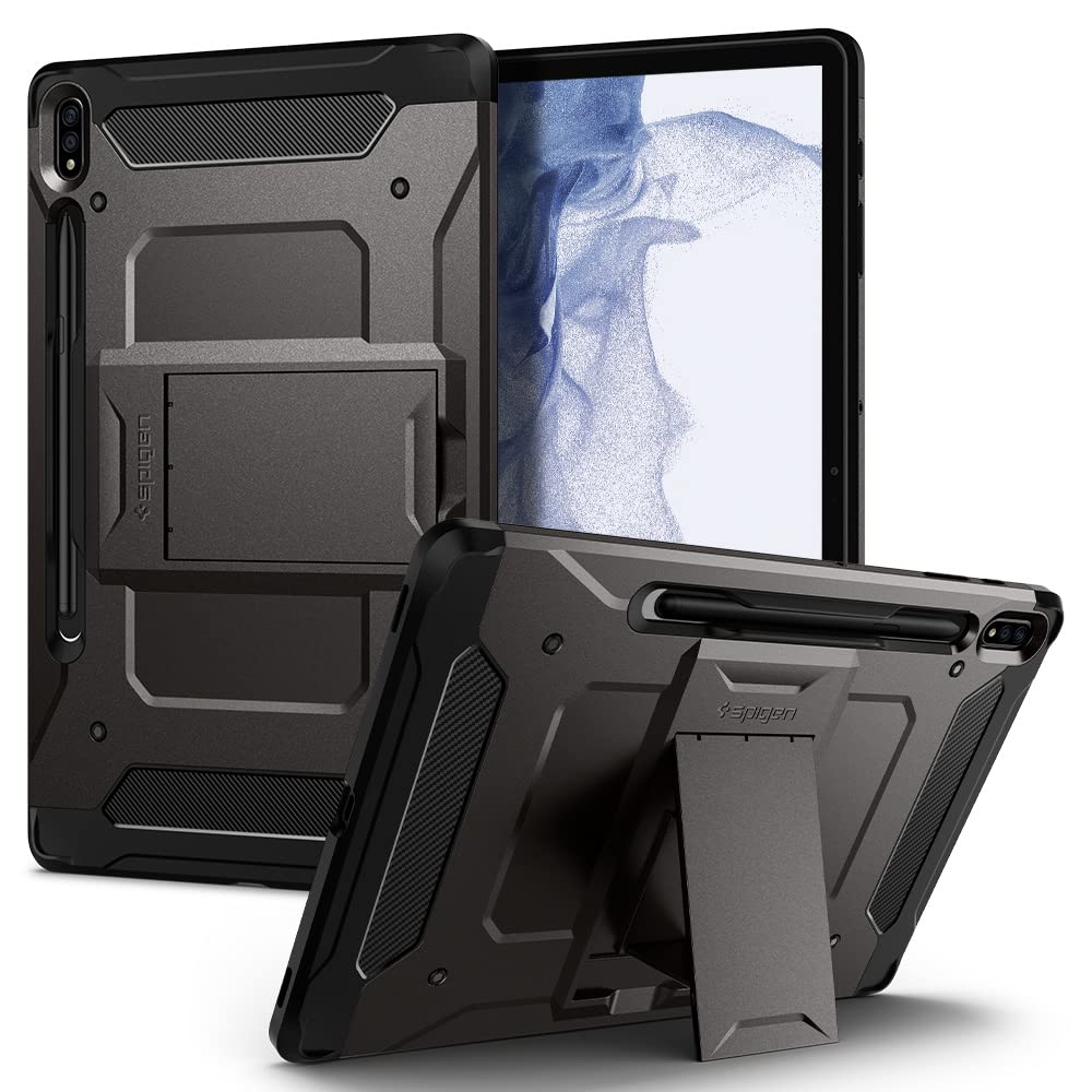 Spigen Galaxy Tab S8 Plus ケース with Spen 収納 Galaxy Tab S7 Plus ケース タブレットケース S ペン収納 スタンド ホルダー付き 衝撃吸収 耐衝撃 タフアーマープロ ACS01608 (ガンメタル)