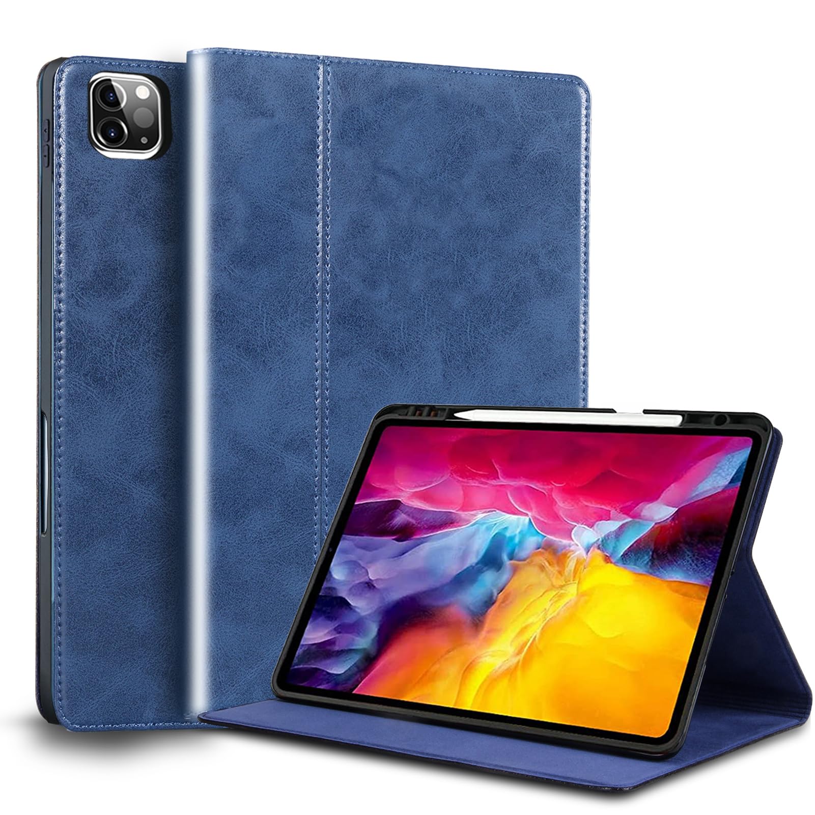 Gexmil ケース iPad Pro 12.9 インチ,6/5/4/3世代通用 (2022/2021/2020/2018) 高級レザー製 ペン収納,衝撃防止 保護ケース 耐衝撃性 軽量 防指紋,オートスリープ/ウェイク,ブルー|T.M.Bストア