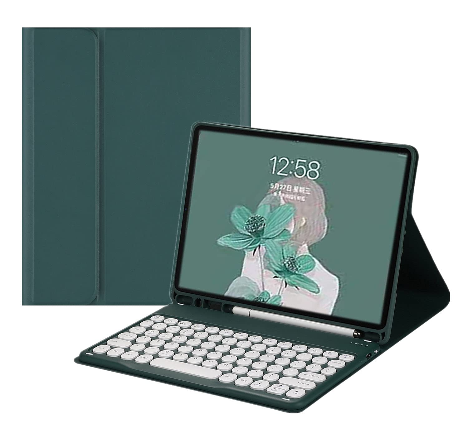 iPad Air 13 インチ M2 キーボードケース 丸型キー iPad Pro 12.9 インチ 第 6 5 4 3 世代 キーボード付き カバー ケース 可愛い カラーキーボード カラフル 分離式 アップルペンシル 充電可能 (深緑)｜T.M.Bストア