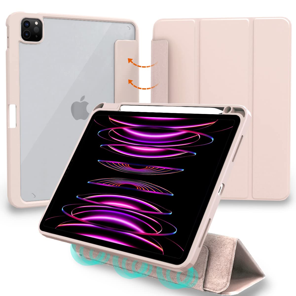 MS factory iPad Pro 12.9 第6/5/4時人 用 入れもの 2022 2021 2020 液晶押しかぶせる 取りはらい能力のある うしろ側澄み切った 鉛筆納める 押しかぶせる 第6/第5/第4時人 耐衝撃 照明ランプ オートスリープ Apple Pencil 申し受ける相応う サクラ色サン