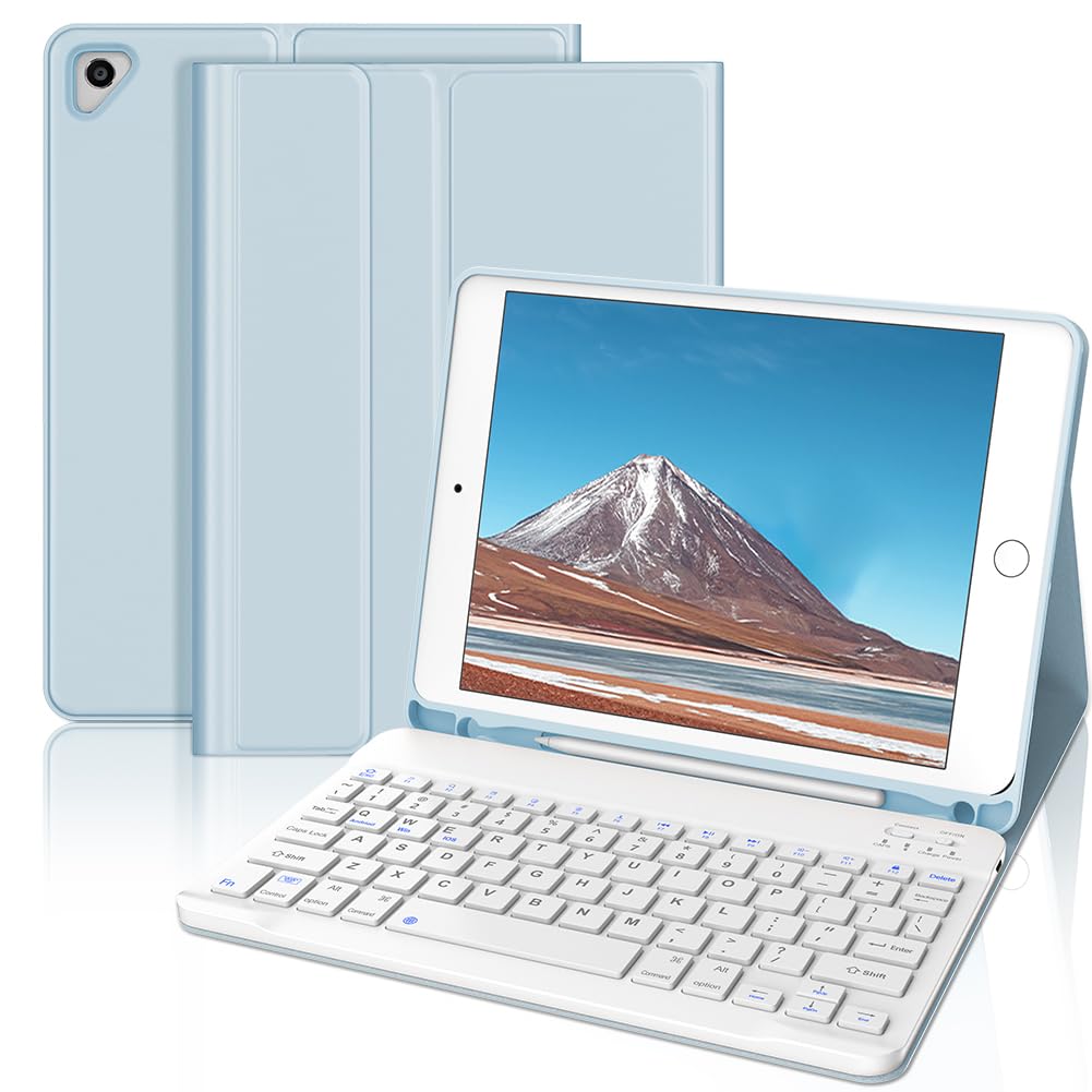 iPad Air2 キーボード ケース 第6/5/4世代 9.7インチ 脱着式 第5世代 第4世代 キーボード カバー 耐衝撃 ワイヤレス bluetooth キーボード付きケース 多角度調整 Pencil収納 ライトブルー