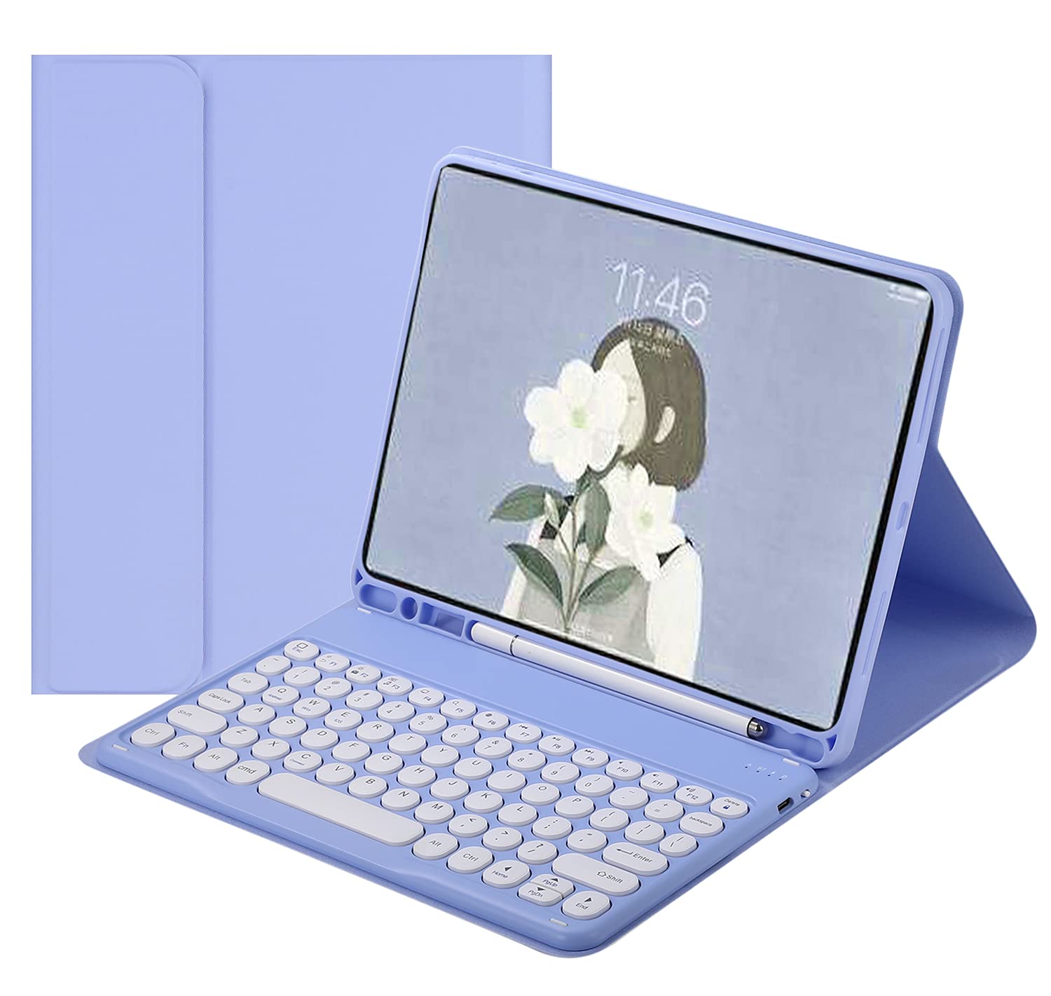 iPad Air 13 インチ M2 キーボードケース 丸型キー iPad Pro 12.9 インチ 第 6 5 4 3 世代 キーボード付き カバー ケース 可愛い カラーキーボード カラフル 分離式 アップルペンシル 充電可能 (紫)