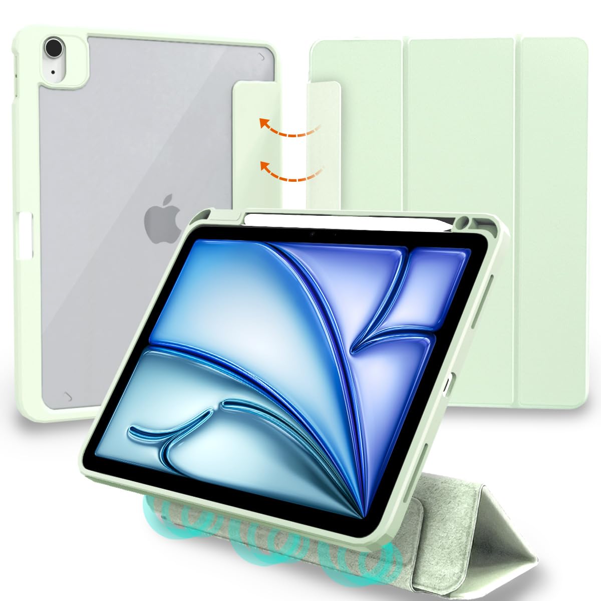 MS factory iPad Air 11インチ M2 Air 第5/4世代 用 ケース 液晶カバー 取り外し可能 ペン収納 カバー 背面透明 耐衝撃 アイパッドエアー 2024 第6世代 第5世代 第4世代 ホワイトグリーン 白緑 IPDA4-S-DET-W