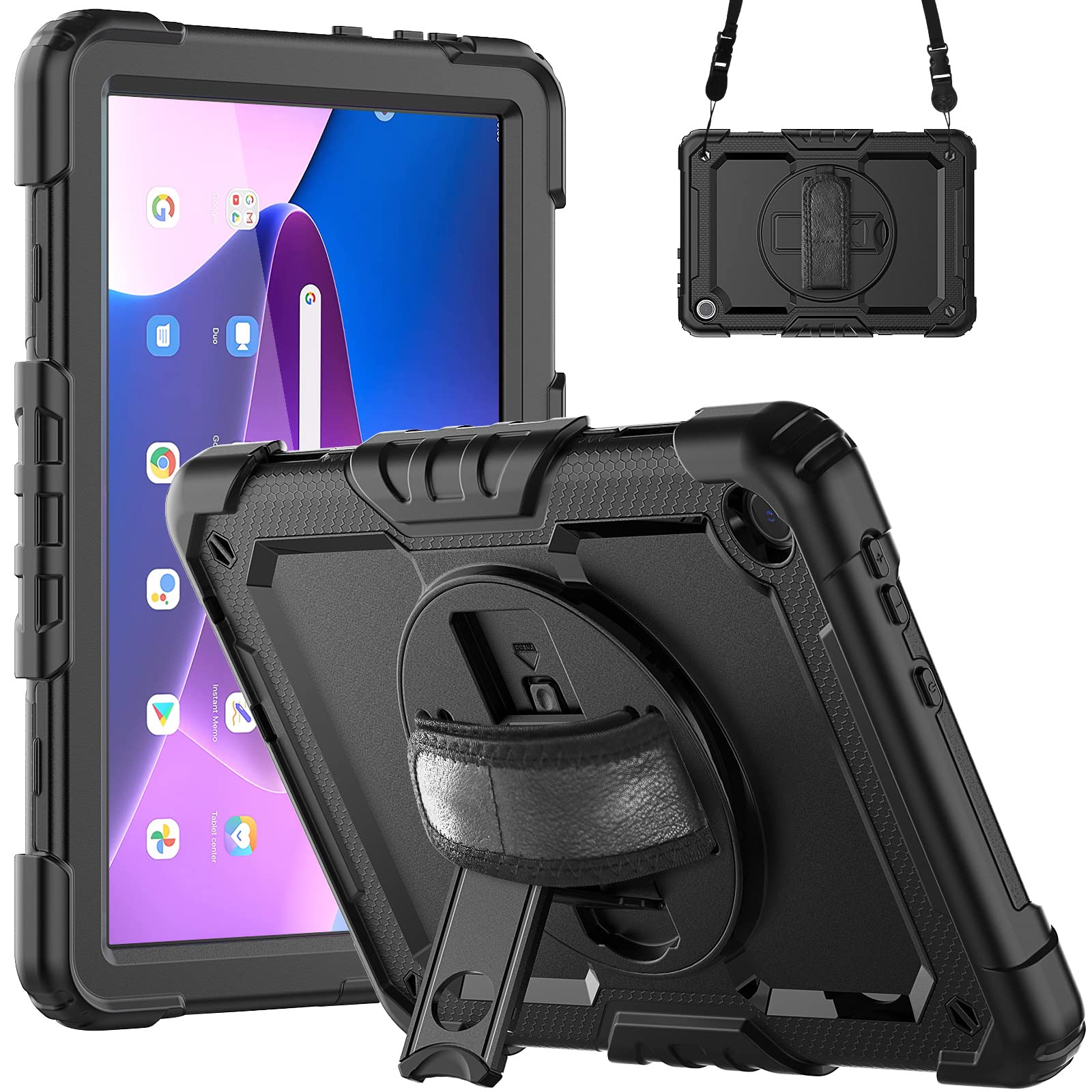 ZenRich Lenovo Tab B10 3rd Gen ケース 耐衝撃 保護フィルム付き ペン収納 360°回転スタンド ハンドストラップ 肩掛け Lenovo B10 3代 10.1インチ 全面保護カバー ZAAE0116JP(適格請求書発行事業者)|T.M.Bストア