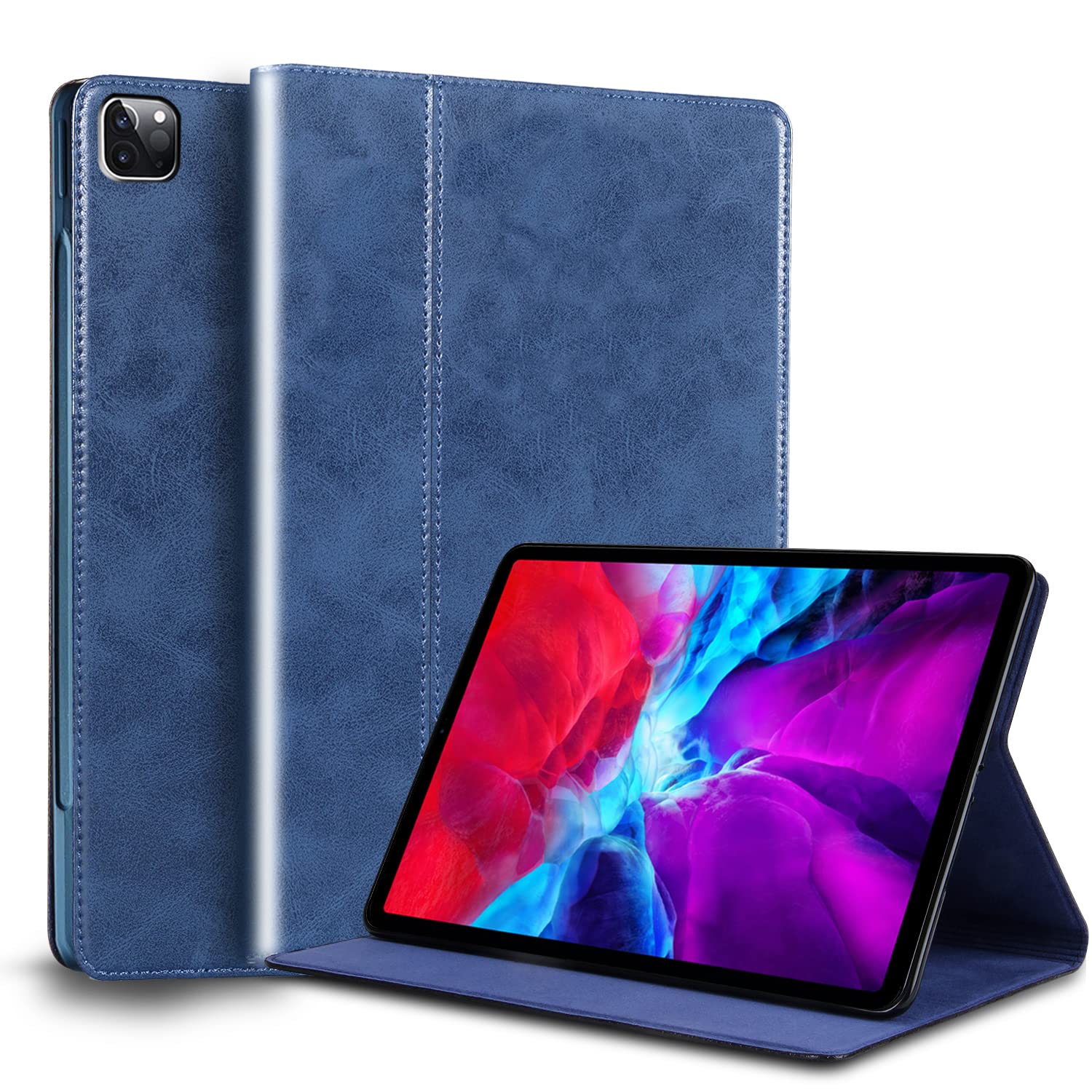 Gexmil ケース iPad Pro 12.9 インチ,6/5/4/3世代通用 (2022/2021/2020/2018)高級レザー製 耐衝撃性 軽量 防指紋 防滑,オートスリープ/ウェイク,アジャスタブルスタンド,ブルー
