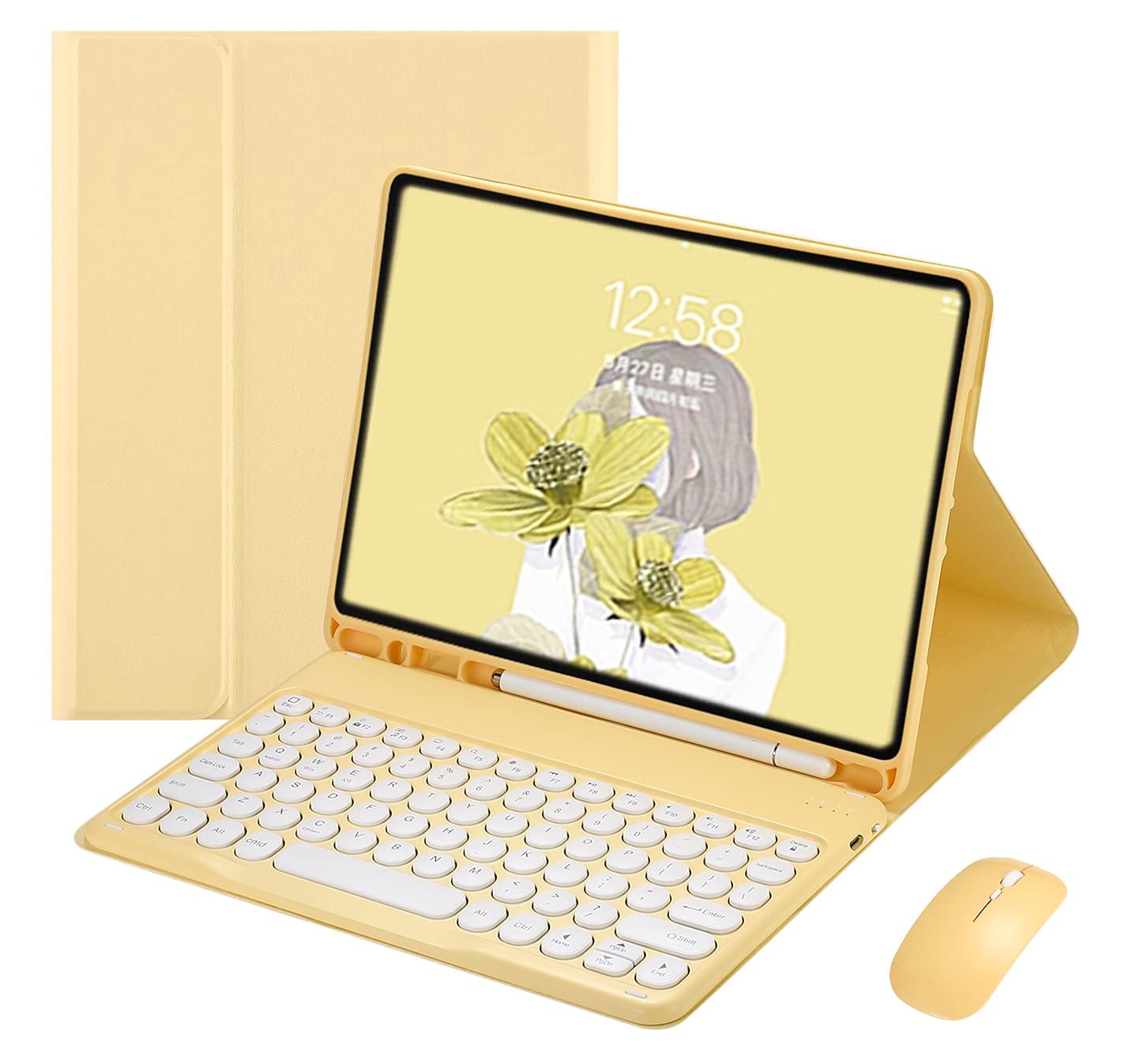 iPad Pro 11 第4/3/2/1世代 キーボードケース マウス付き 可愛い Bluetooth キーボード 丸型キー 2色配色 カラーキーボード ケース カバー マウス レディース 分離式 ペンシル収納 女性向け (黄色)