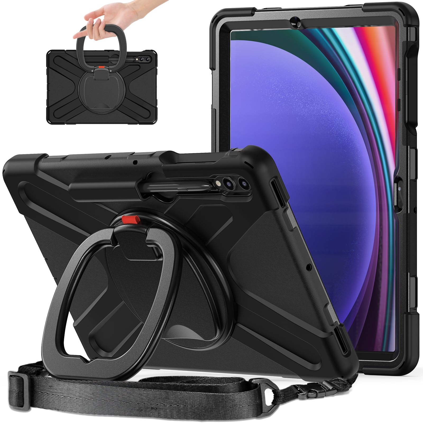 Galaxy Tab S10+/S9 Plus/S9 FE Plus/S8 Plus/S7 FE/S7 Plus 入れもの 12.4in押しかぶせる 耐衝撃 手ごわい 360度回転させる照明ランプ 手持ち部分付き添い人 虹色 鉛筆納める 自然調整能力のあるハンドストラップと膝掛けー付き添い人 落っこちる押しとどめる アウ スマートフォン・タブレット-ケース・カバー