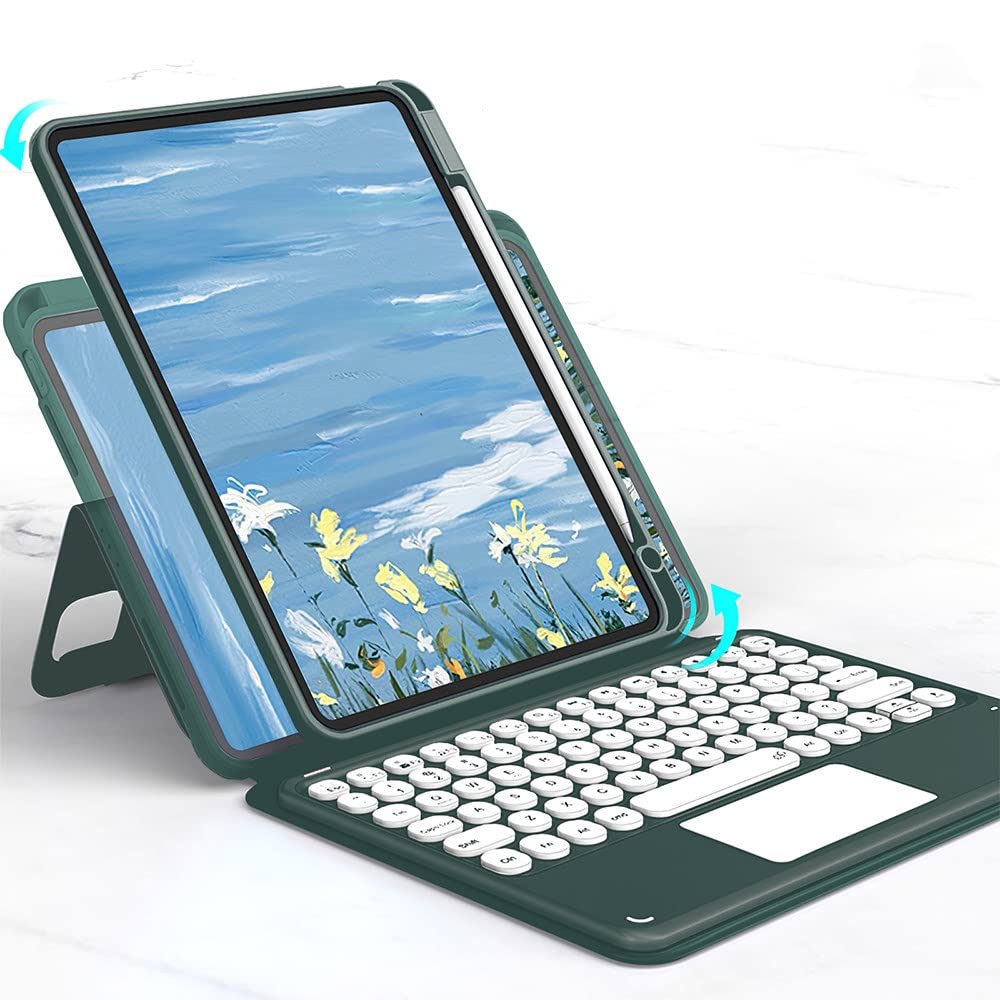 磁気吸着 iPad 第10世代 2022 キーボード ケース 縦置き タッチパッド搭載 丸型キー 背面カバー 取り外し可能 Apple Pencil 収納 iPad 10 分離式 キーボード マグネット カバー (iPad 第10世代, 深緑)