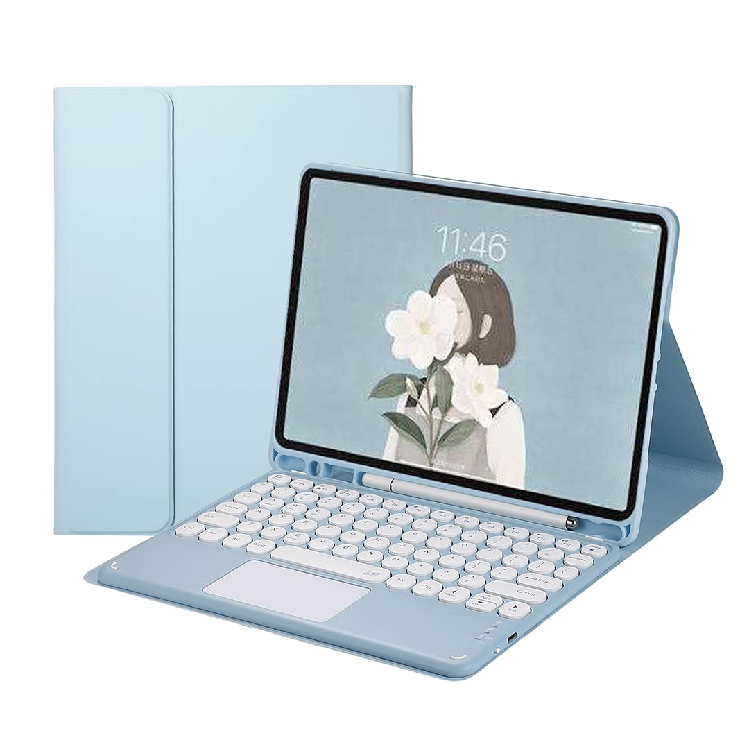 iPad Pro12.9 第6/5/4/3世代キーボードケース iPad Air 13インチ 2024 (M2) 兼用blueoothキーボードカバー タッチパッド搭載 可愛い丸型キー 分離式 apple pencil収納 薄型 全面保護 ブルー｜T.M.Bストア