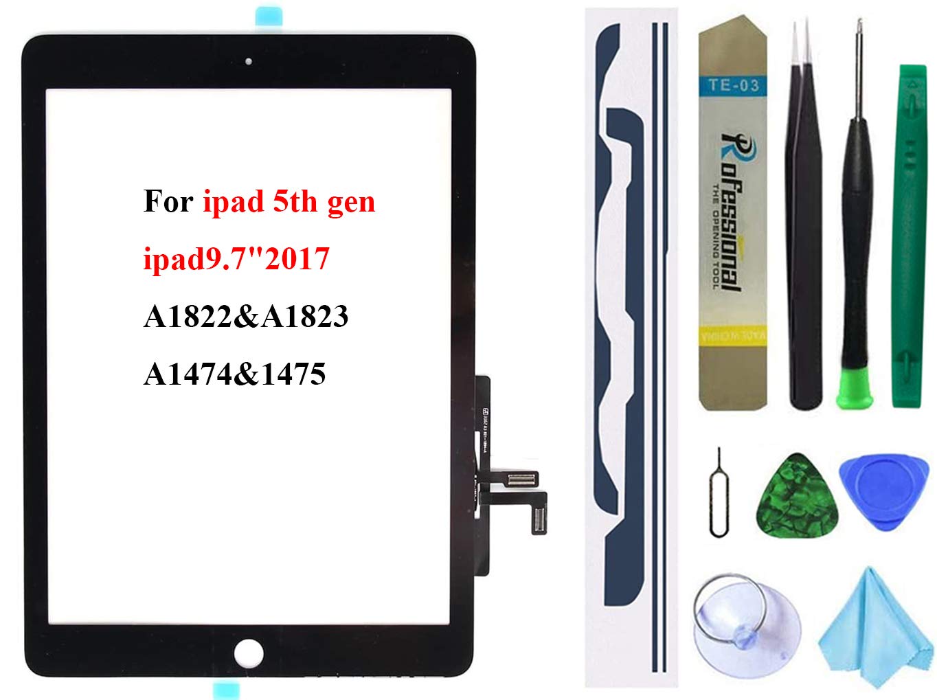 iPad 5 第5世代2017(A1822 A1823)交換用スクリーンデジタイザー交換 (LCDは含まれません)ホームボタンなく + プリインストール接着剤 + ツールセット(ブラック)