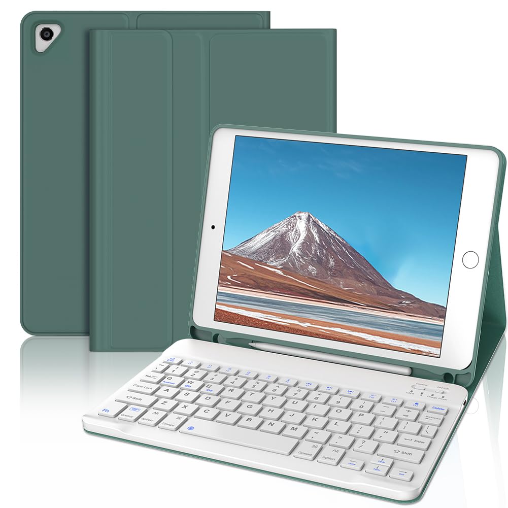 iPad 第6世代 キーボード ケース 9.7インチ 脱着式 耐衝撃 第5世代 第4世代 キーボード カバー ワイヤレス bluetooth キーボード付きケース iPad Air2/Pro 9.7兼用ケース 多角度調整 ダークグリーン