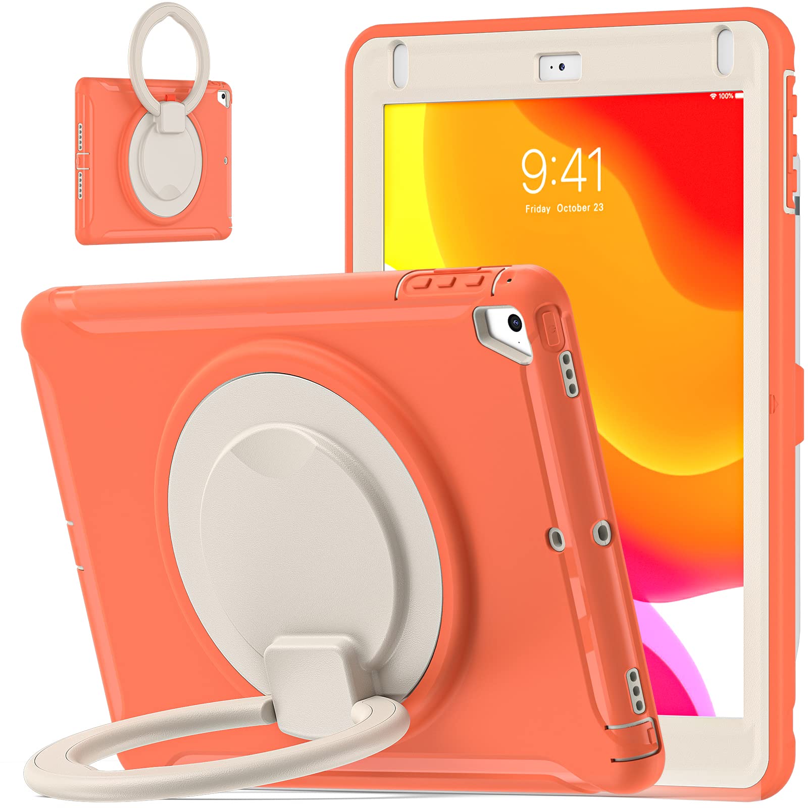 新型 iPad 2018 第6世代 2017 第5世代 ケース リング付き 衝撃吸収 軽い 頑丈 360°回転スタンド 多方向 ハンドル付 iPad Air2 Pro9.7 カバー 落下防止 キズ防止 キッズ アイパッド9.7 ケース (iPad5/iPad6/Air