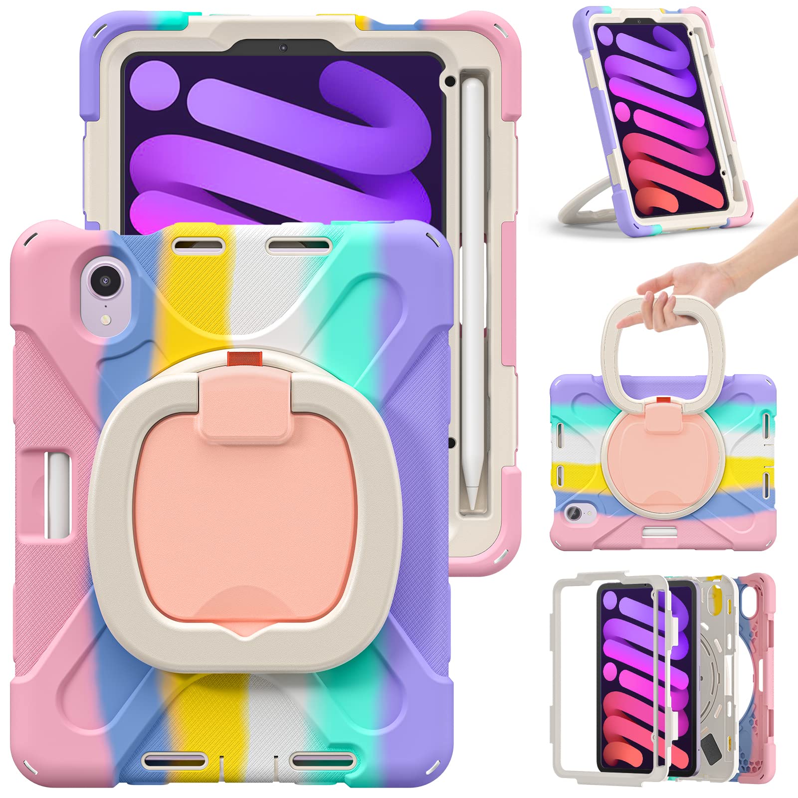 PboyiqiS For iPad Mini 7 2024 ケース,iPad Mini 6ケース 8.3インチ 2021 カバー 耐衝撃 頑丈 360度回転スタンド ハンドル付き 虹色 かわいい アイパッド mini7 mini6 ケース ペンシル収納 持ち手付き 肩掛け