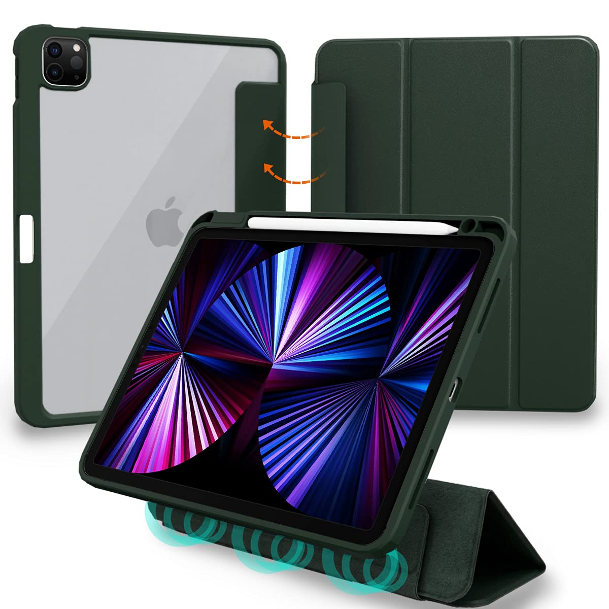 MS factory iPad Pro 11 2021 用 ケース 液晶カバー 取り外し可能 ペンシル 収納 カバー Pro11 第3世代 11インチ 耐衝撃 ソフト フレーム 薄型 オートスリープ Apple Pencil 充電対応 キプロスグリーン 濃緑 ケース・カバー-スマートフォン・タブレット