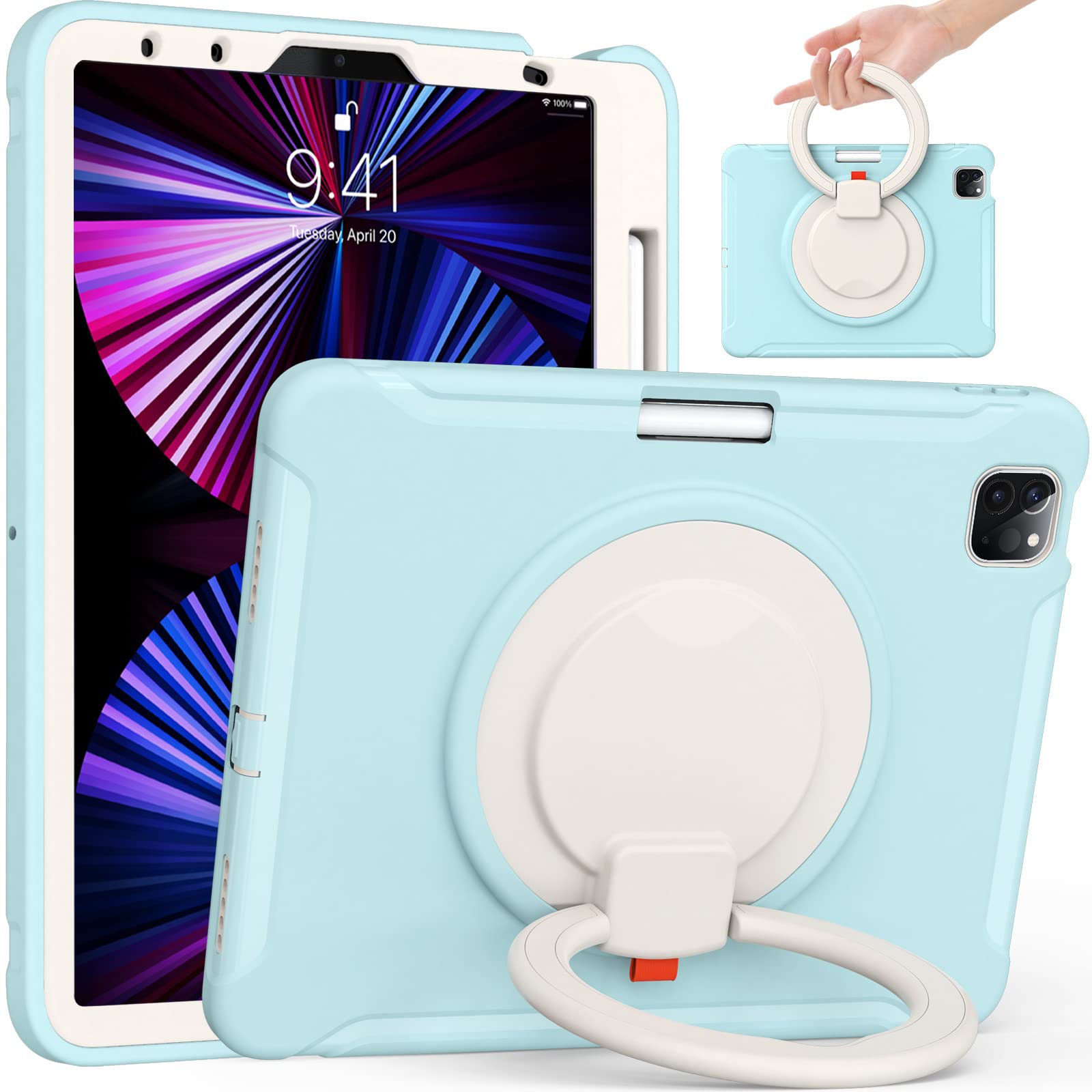 iPad Pro 11 ケース 2022/2021/2020/2018モデル iPad Pro 11 第4/3/2/1世代 ケースリング付き 衝撃吸収 軽い 頑丈 360度回転スタンド iPad Air 5/iPad Air4 10.9インチ 第5世代/第4世代 ケース 持ち手付き カバー 落