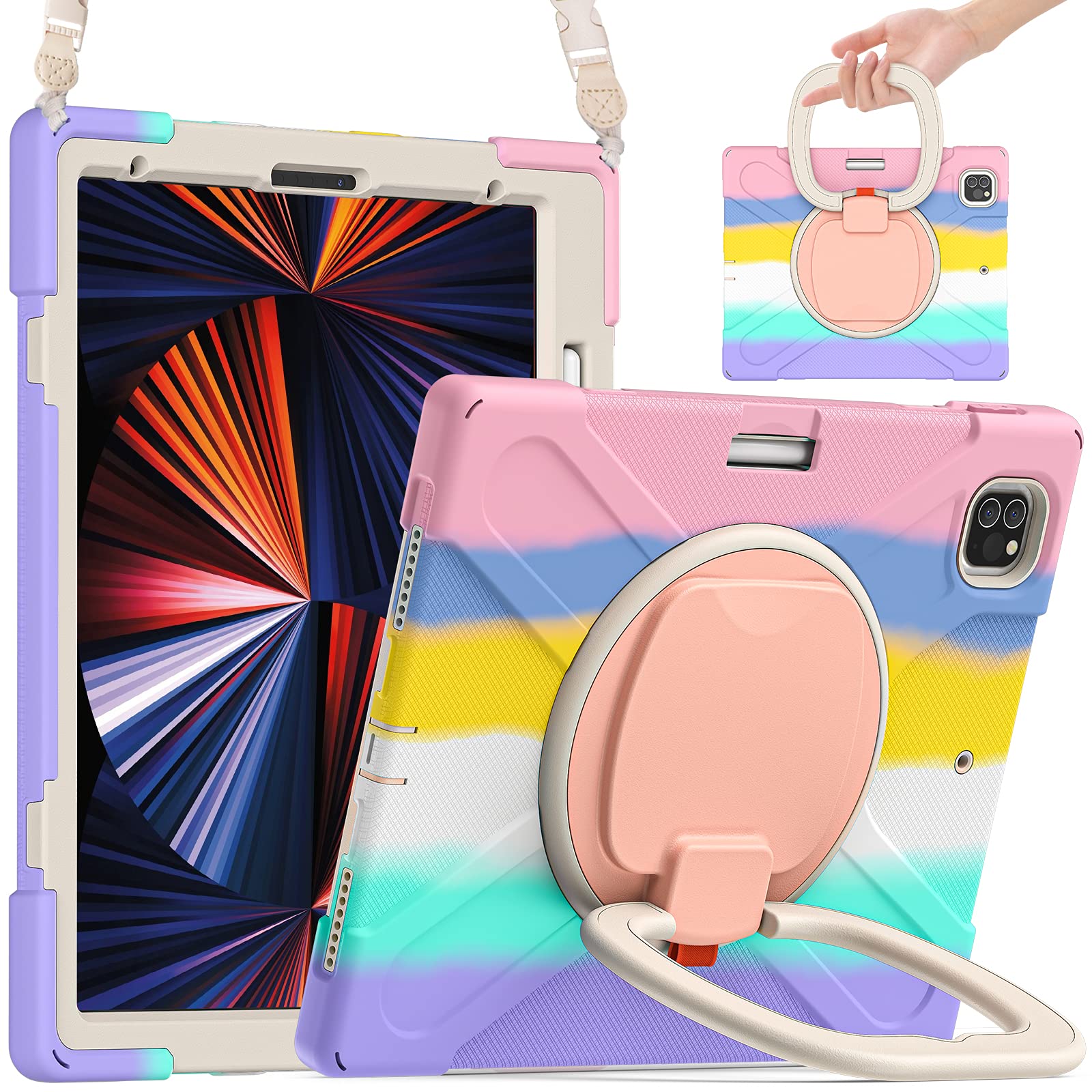 iPad Air 13 ケース 2024 M2/ iPad Pro 12.9 第 6 5 4 3 世代 ケース 縦置き 360°回転持ち手 耐衝撃 ペンシル収納 頑丈 キッズ かわいい 子供 子ども 持ち手付き 肩掛け 斜め掛け アイパッド 可愛く丈夫ス