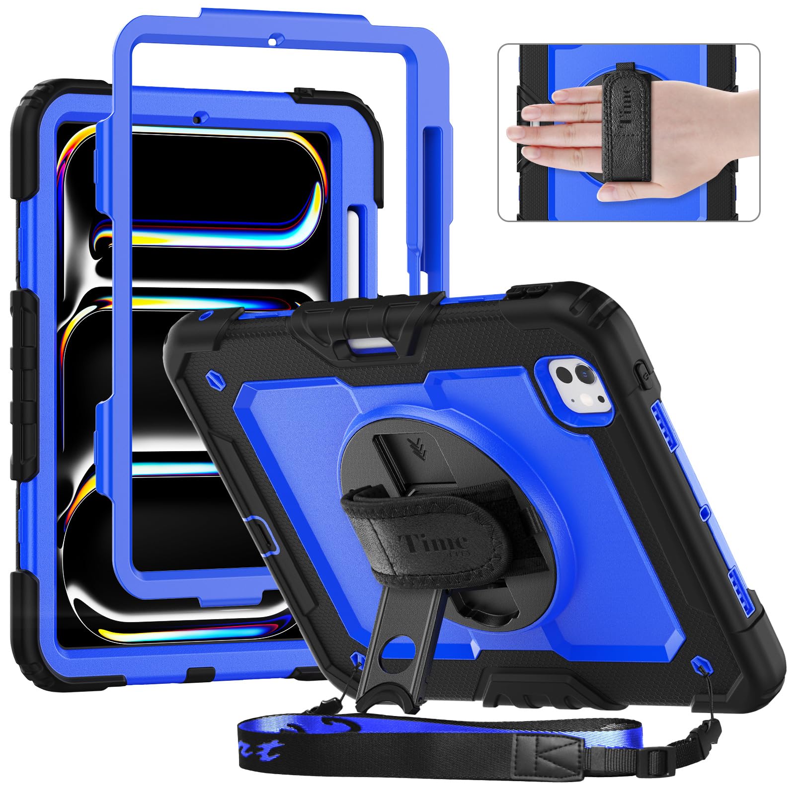 Timecity iPad Pro 11インチ ケース 2024 (第5世代) 耐衝撃 三層保護 360°回転スタンド 保護フィルム バンド&ショルダー ストラップ ペン収納付き 横/縦置き 防塵 傷防止 タイピング 子供友好 現場 肩|T.M.Bストア