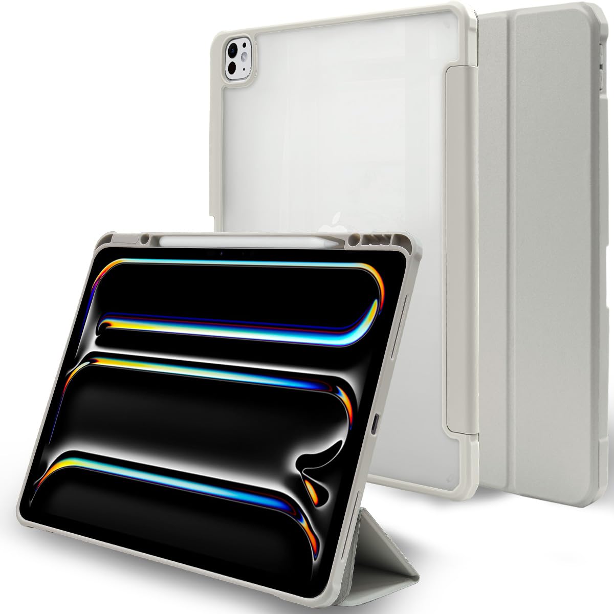 MS factory iPad Pro 13インチ M4 2024 用 ケース 背面透明 ペン収納 耐衝撃 軽量 カバー Pro 13 第7世代 スタンド オートスリープ Apple Pencil Pro 対応 ライト グレー IPDP13m4-NO-DET-LGY