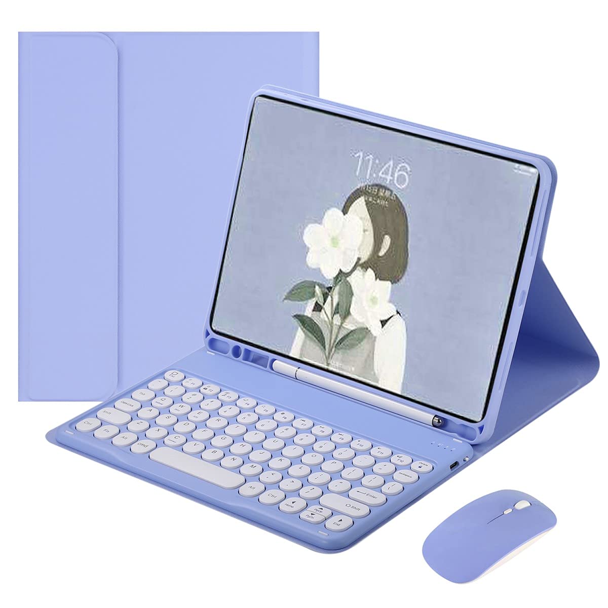 iPad9 iPad8 iPad7 キーボードケース マウス付き 可愛い iPadAir3 iPadPro10.5 Bluetooth キーボード 丸型キー 2色配色 カラーキーボード ケース カバー マウス レディース 分離式 ペンシル収納 女性向け (