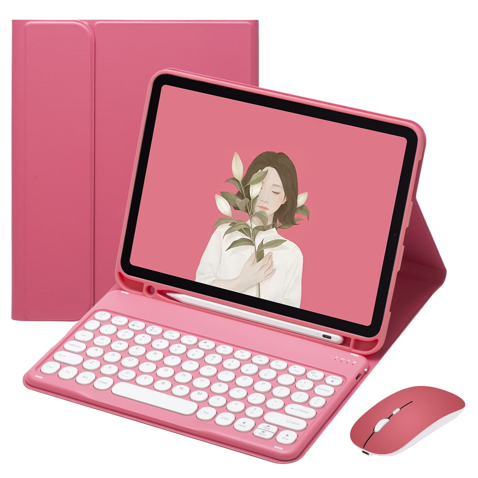 iPad6 iPad5 キーボードケース マウス付き 可愛い iPad Air Air2 iPad Pro9.7 Bluetooth キーボード 丸型キー 2色配色 カラーキーボード ケース カバー マウス レディース 分離式 ペンシル収納 女性向け (｜T.M.Bストア