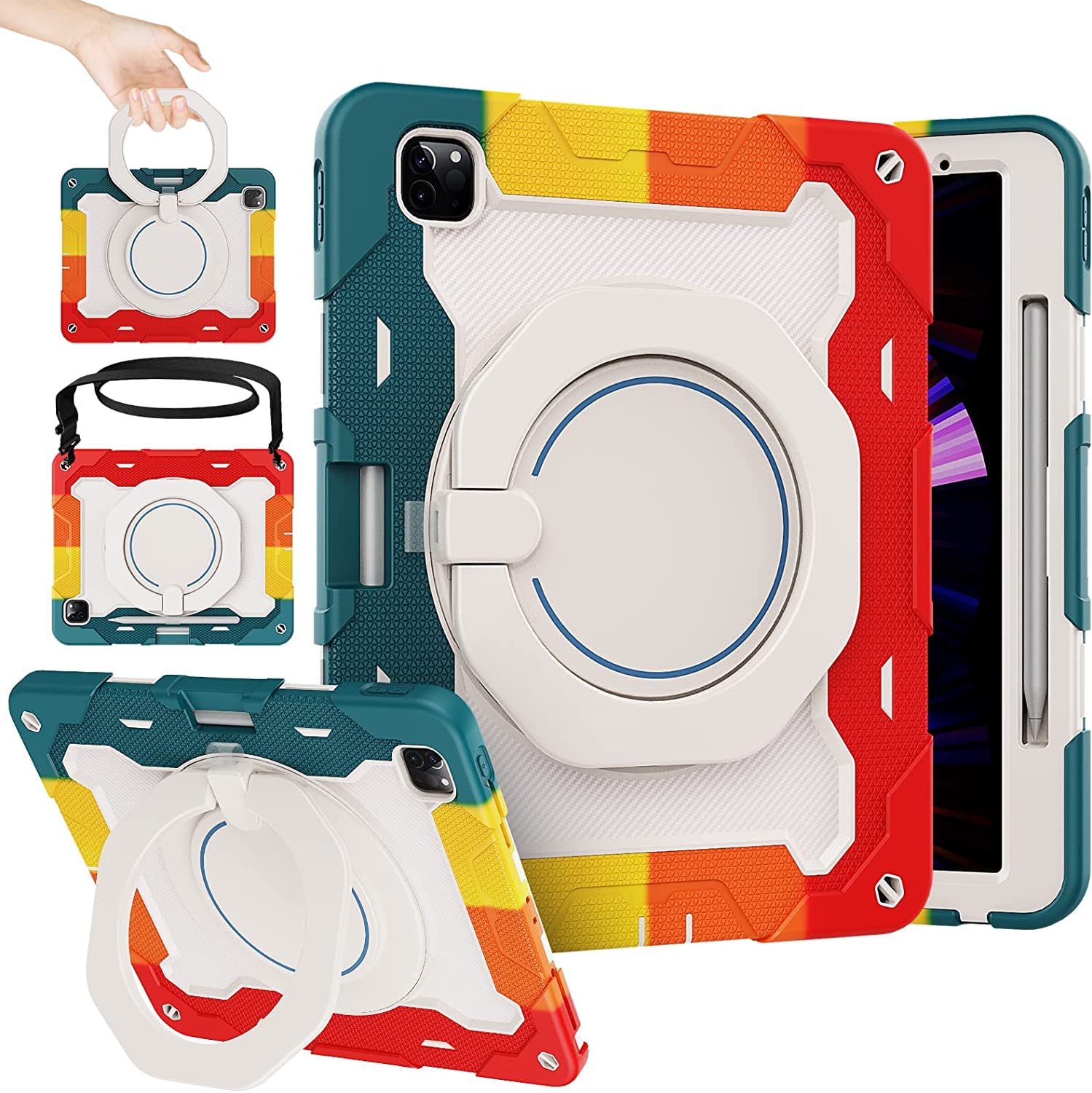 ・圷置きiPad 10世代 ケース 耐衝撃 肩ショルダー付き 360°回転 スタンド ペン 収納 ipad 第10世代 10.9インチ 2022 シリコン ハード 防塵 かわいい アイパッド10カバー キッズ 子供, カラフル-レッド