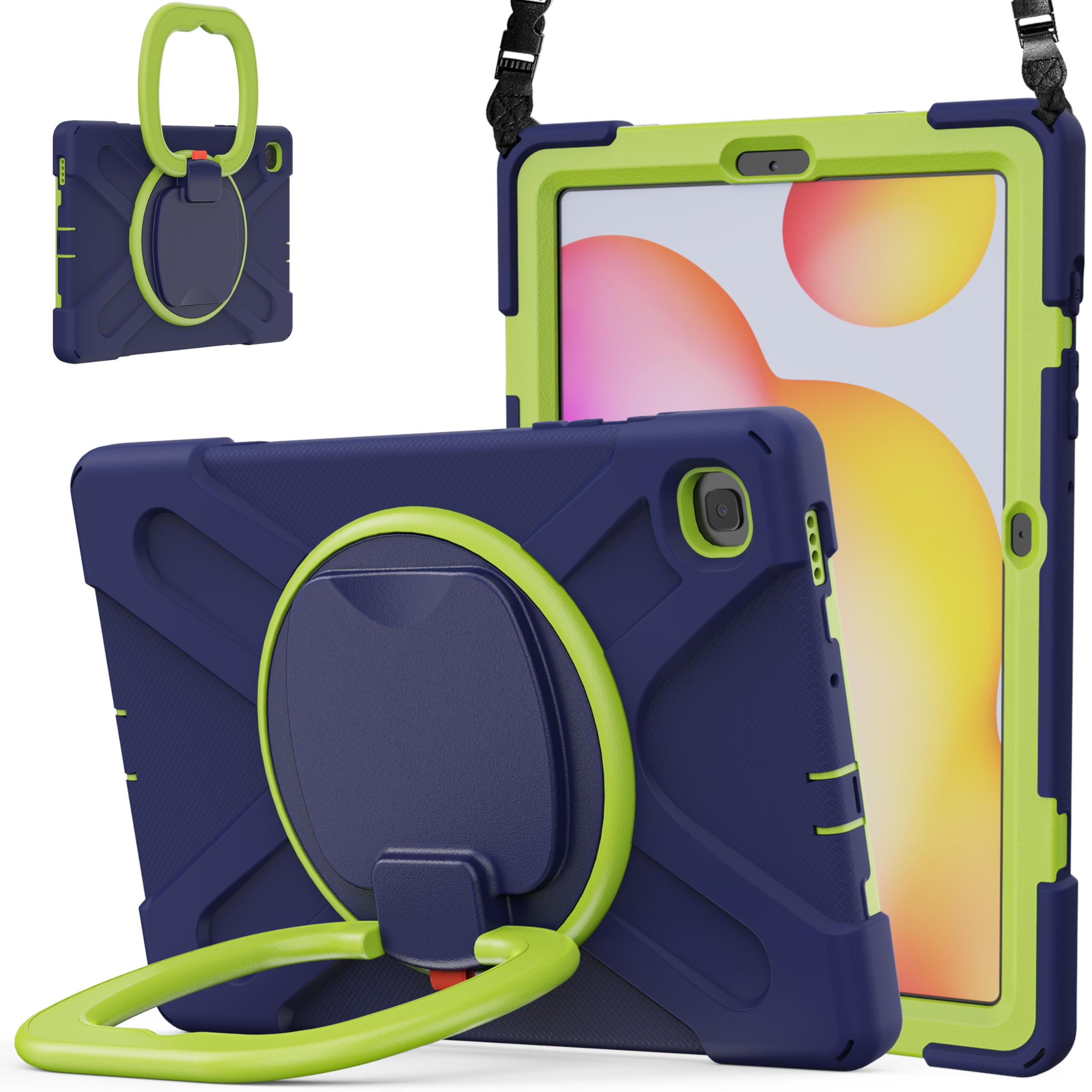 360度回転 Galaxy Tab S6 Lite ケース 縦置き 耐衝撃 頑丈 持ち手付き ショルダーベルト ストラップ付き Android タブレット ギャラクシー Tab S6 Lite 10.4インチ カバー 子供 キッズ アウトドア,ネイビ