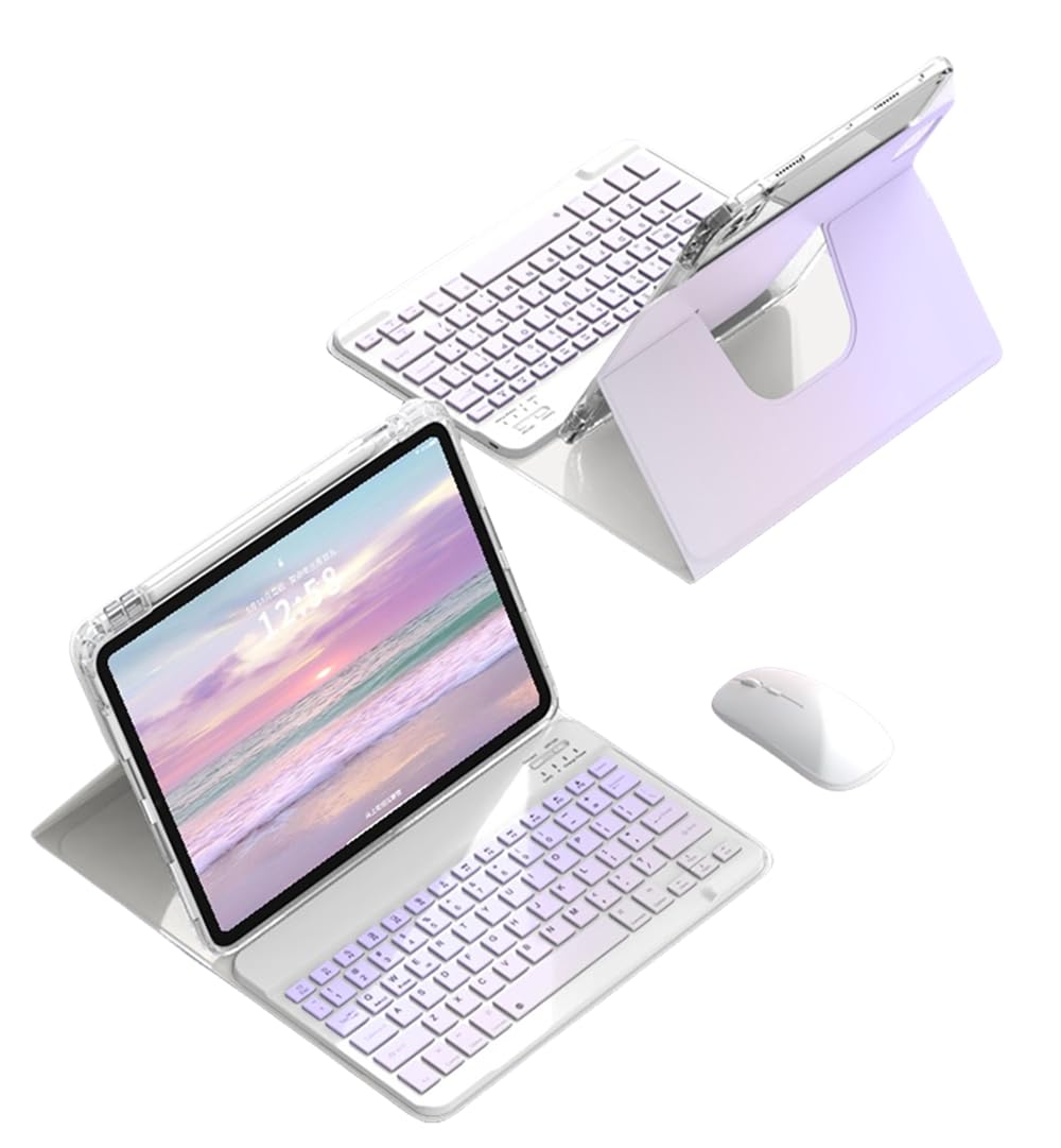 360度回転 iPad 第10世代 キーボード ケース マウス付き グラデーションカラーキーボード iPad 10（2022）10.9インチ ケース キーボード付きマグネット分離式 透明 クリア 背面カバー 縦置き 横置