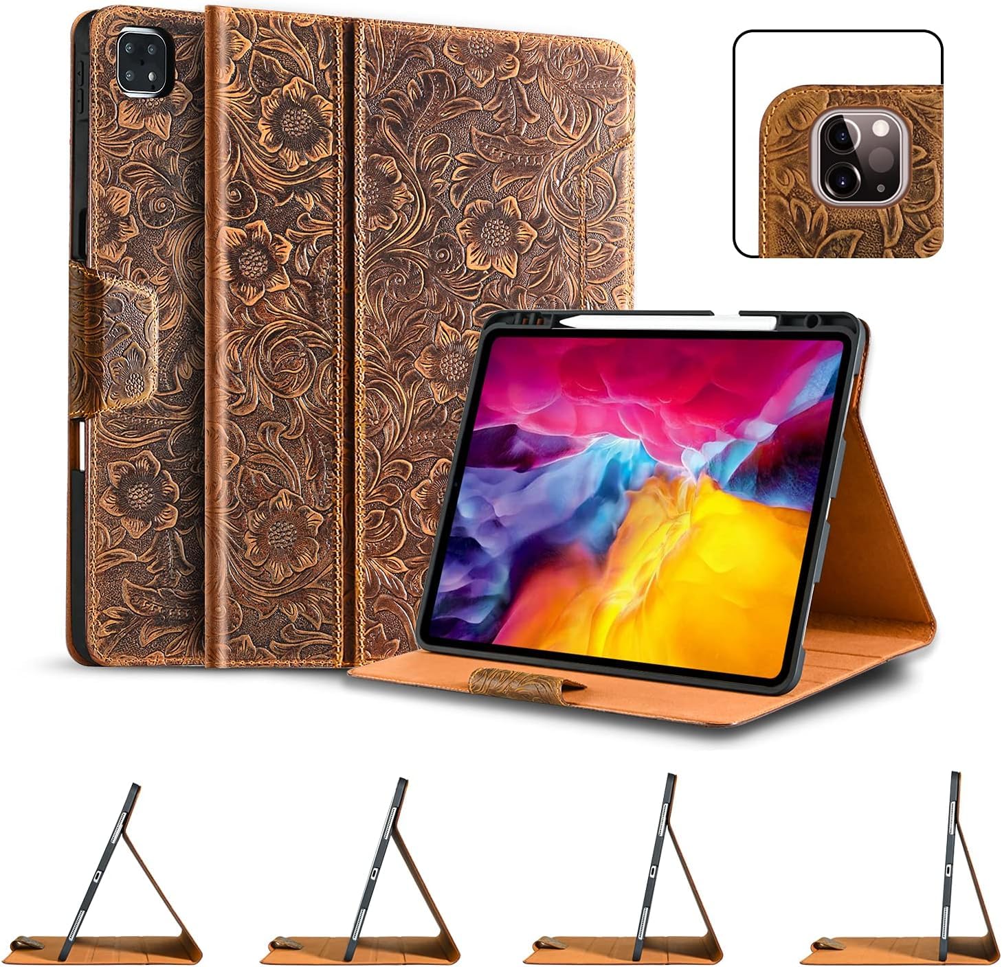 Gexmil ケース iPad Pro 12.9 インチ,6/5/4/3世代通用 (2022/2021/2020/2018) 高級レザー製 ペン収納,衝撃防止 保護ケース 耐衝撃性 軽量 防指紋,オートスリープ/ウェイク,ブラウン