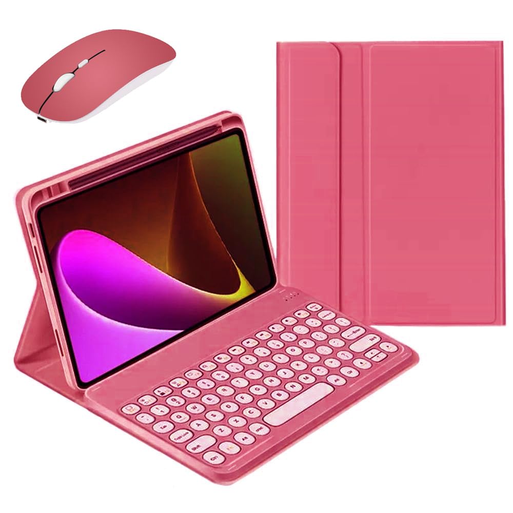 2022 iPad 第10世代 キーボード ケース マウス付き 可愛い 丸型キー マグネット 分離式 2022 アイパッド iPad 10 キーボード カバー カラフル レディース 女性 学生 ビジネス,濃いピンク