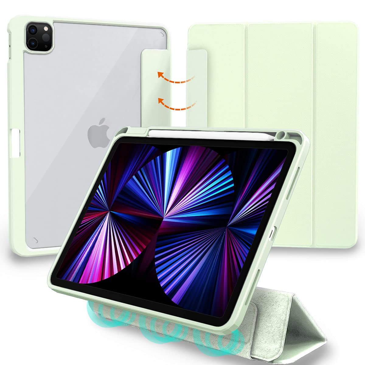 MS factory iPad Pro 11 2021 用 ケース 液晶カバー 取り外し可能 ペンシル 収納 カバー Pro11 第3世代 11インチ 耐衝撃 ソフト フレーム 薄型 オートスリープ Apple Pencil 充電対応 ホワイトグリーン 白緑