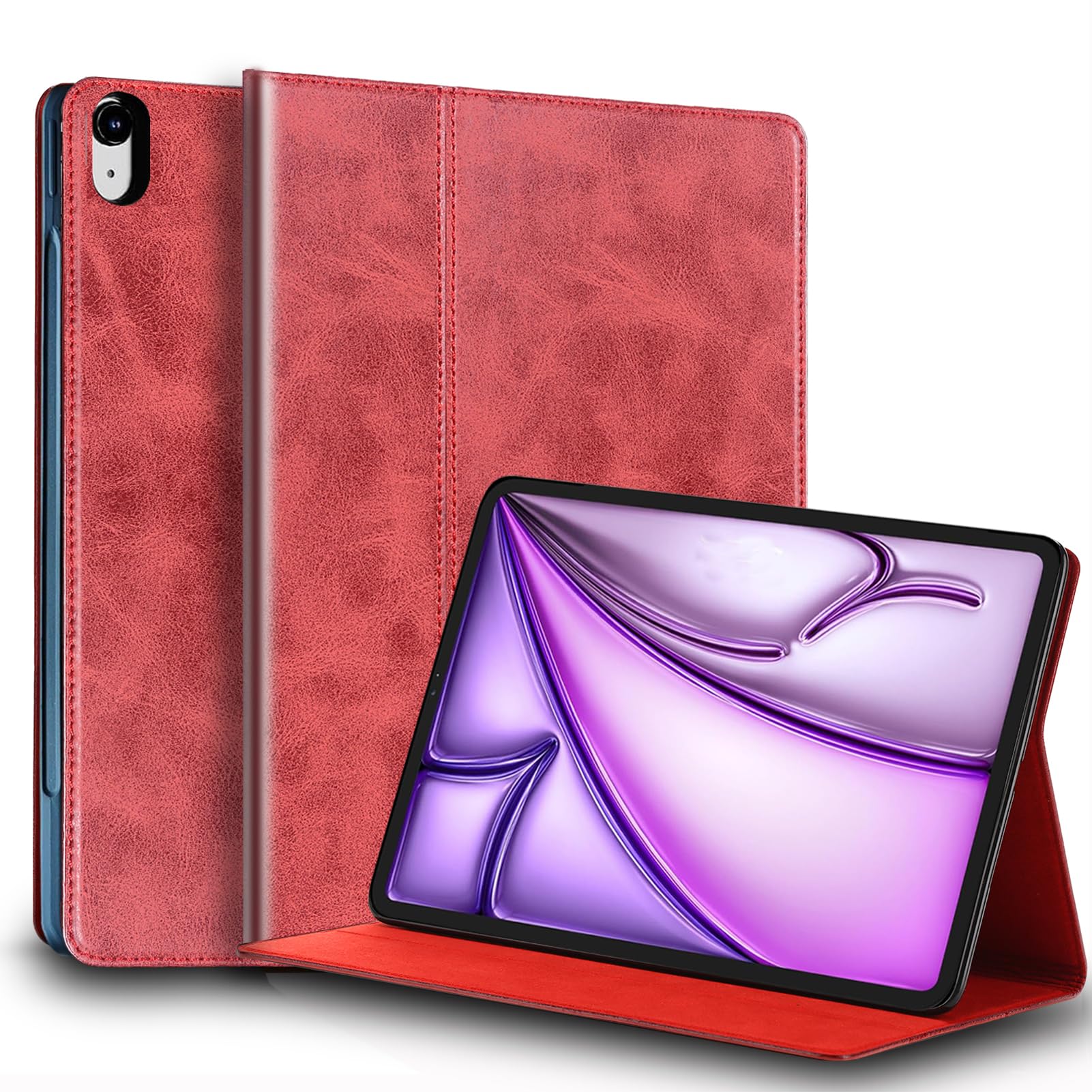 Gexmil for iPad Air 13 インチ M2 2024 ケース,高級レザー製 アジャスタブルスタンド,衝撃防止 手帳型 保護ケース オートスリープ/ウェイク 防滑 シンプル おしゃれ レザーケース, レッド