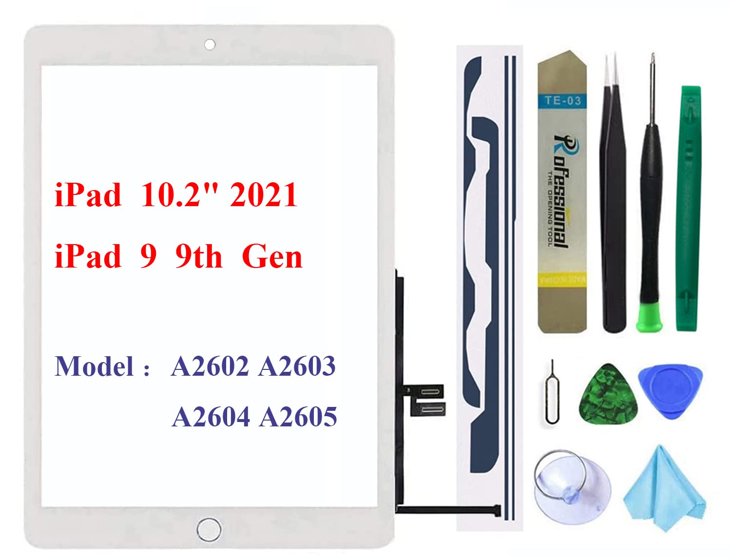 iPad 9 第9時人 2021 A2602 A2603 A2604 A2605 10.2in取り替えっこ用スクリーンデジタイザー取り替えっこ (LCDは含まれません)介護ホーム名取り草付き添い人 + プリインストールくっ付ける剤 + 物の具仕掛ける(白いこと)