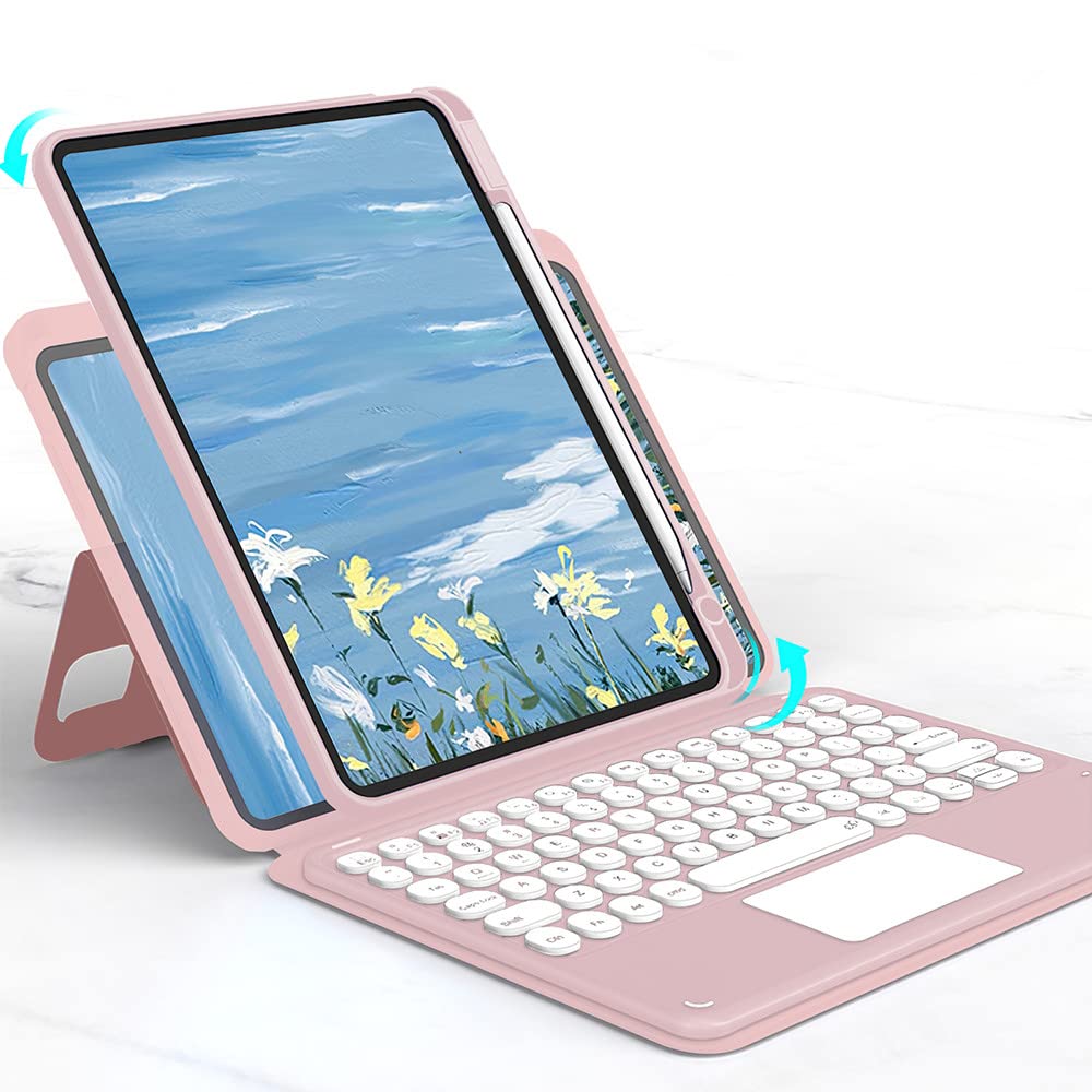 iPad 第10世代 キーボード ケース 10.9インチ 2022 対応 磁気吸着 縦置きスタンド機能 Pencil 収納 iPad10 分離式 カラーキーボード タッチパッド搭載 丸型キー 透明な背面シェル カバー, ピンク