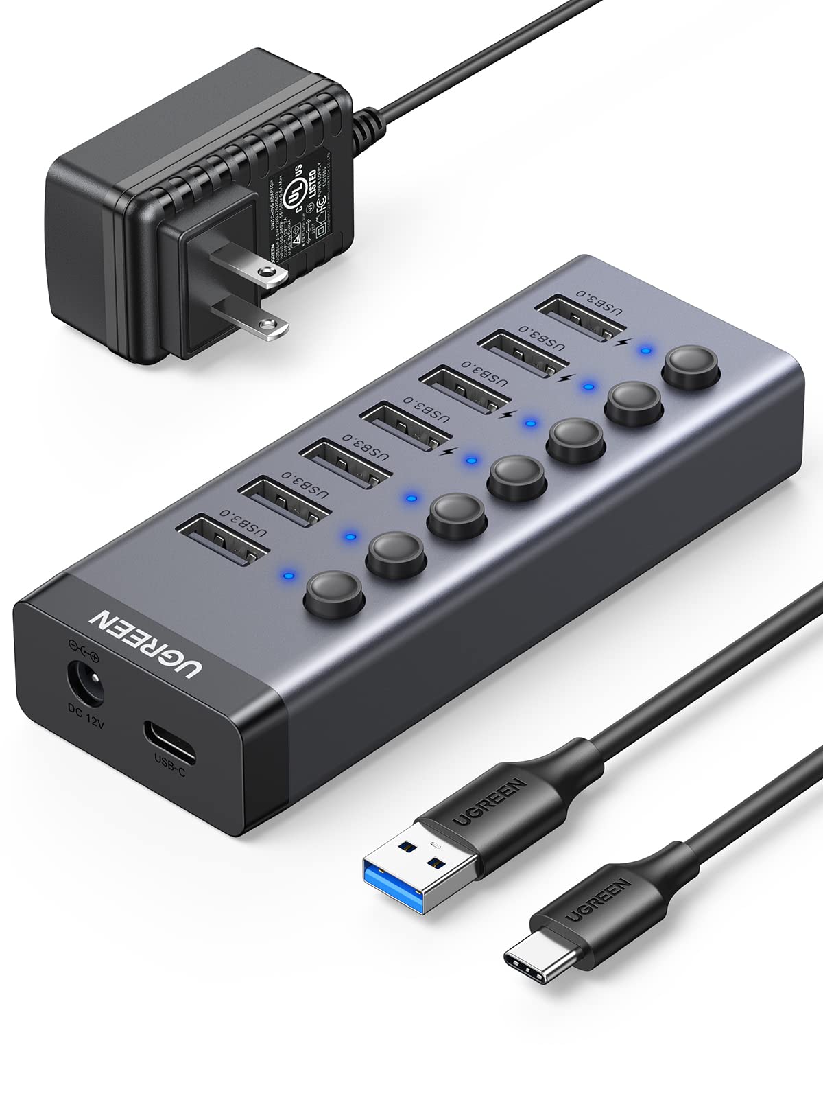 UGREEN USB ハブ 7ポートUSB3.0 hub 5Gbps高速伝送 セルフパワー対応 DC12V/2A ACアダプタ付き 独立スイッチ付 USB-C to Aケーブル 1m 7ポートUSB拡張 HDD/USBメモリ/キーボード/マウス/USBファン/プリンタなど|T.M.Bストア