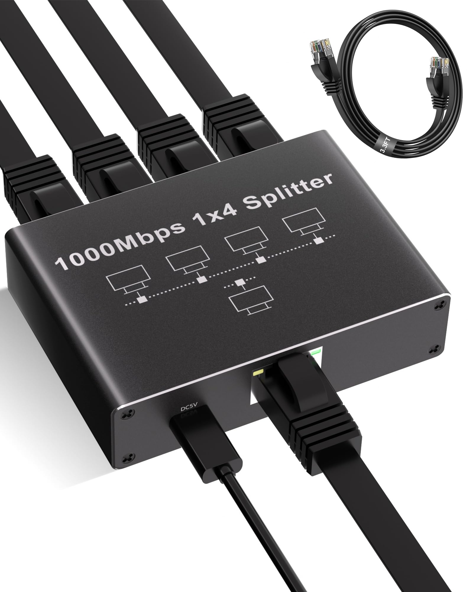 PRESS PLAY LAN 分配器 1000Mbps スイッチングハブ RJ45 LANケーブル付き 1入力4出力 4台同時使用 Cat5 Cat5e Cat6 Cat7 Cat8対応 lan ハブ 四股同時出力 lanケーブル 分配器 データー伝送 4画面PC対応 Switch/PS5/PS4
