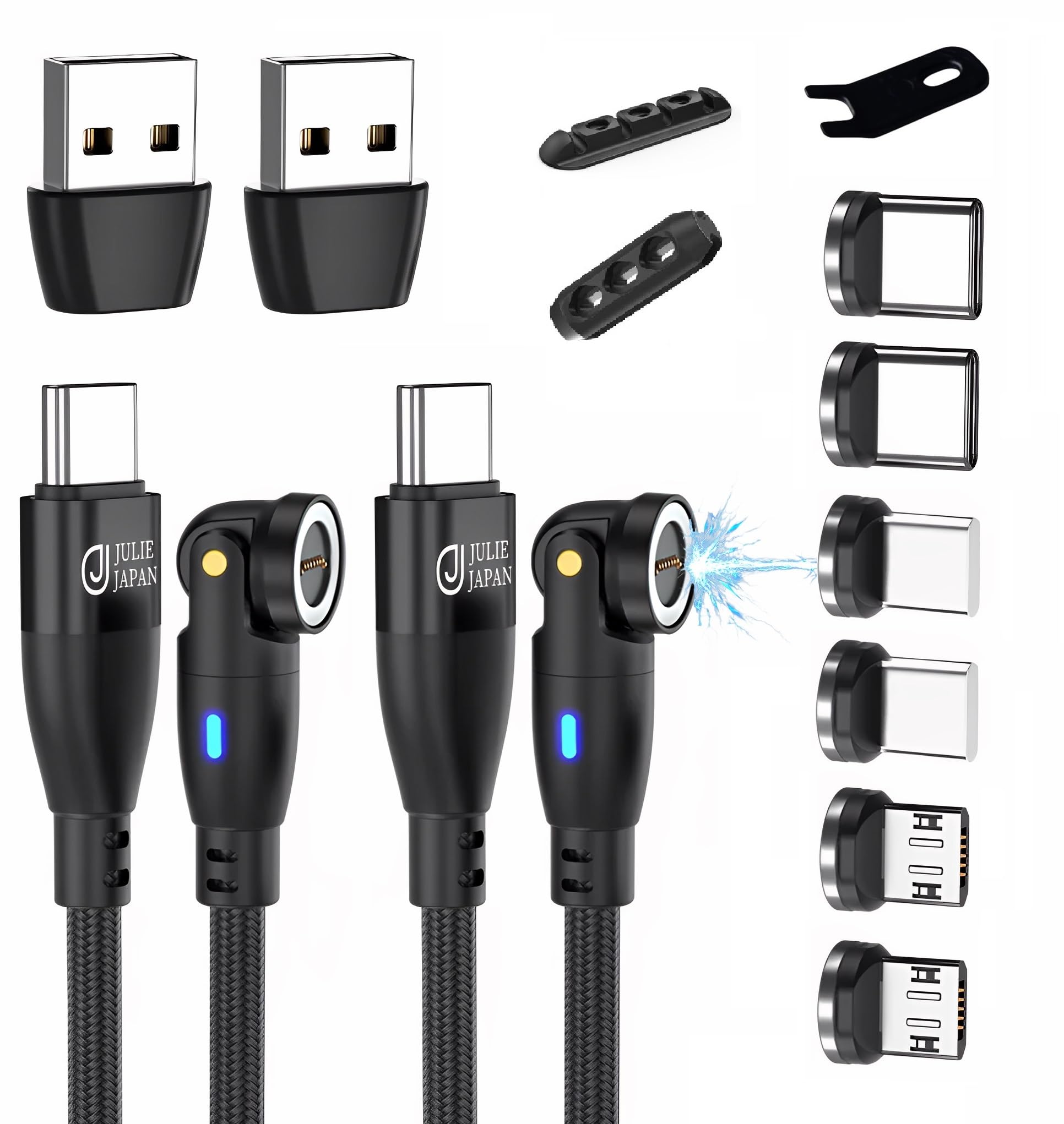 JJ JULIE JAPAN マグネット充電ケーブル 9PIN PD 60W マグネット端子3種類(USB Type-C 2個,MicroUSB 2個,アイプロダクト2個) QC データ通信対応 2本セット(2m,ブラック)｜T.M.Bストア