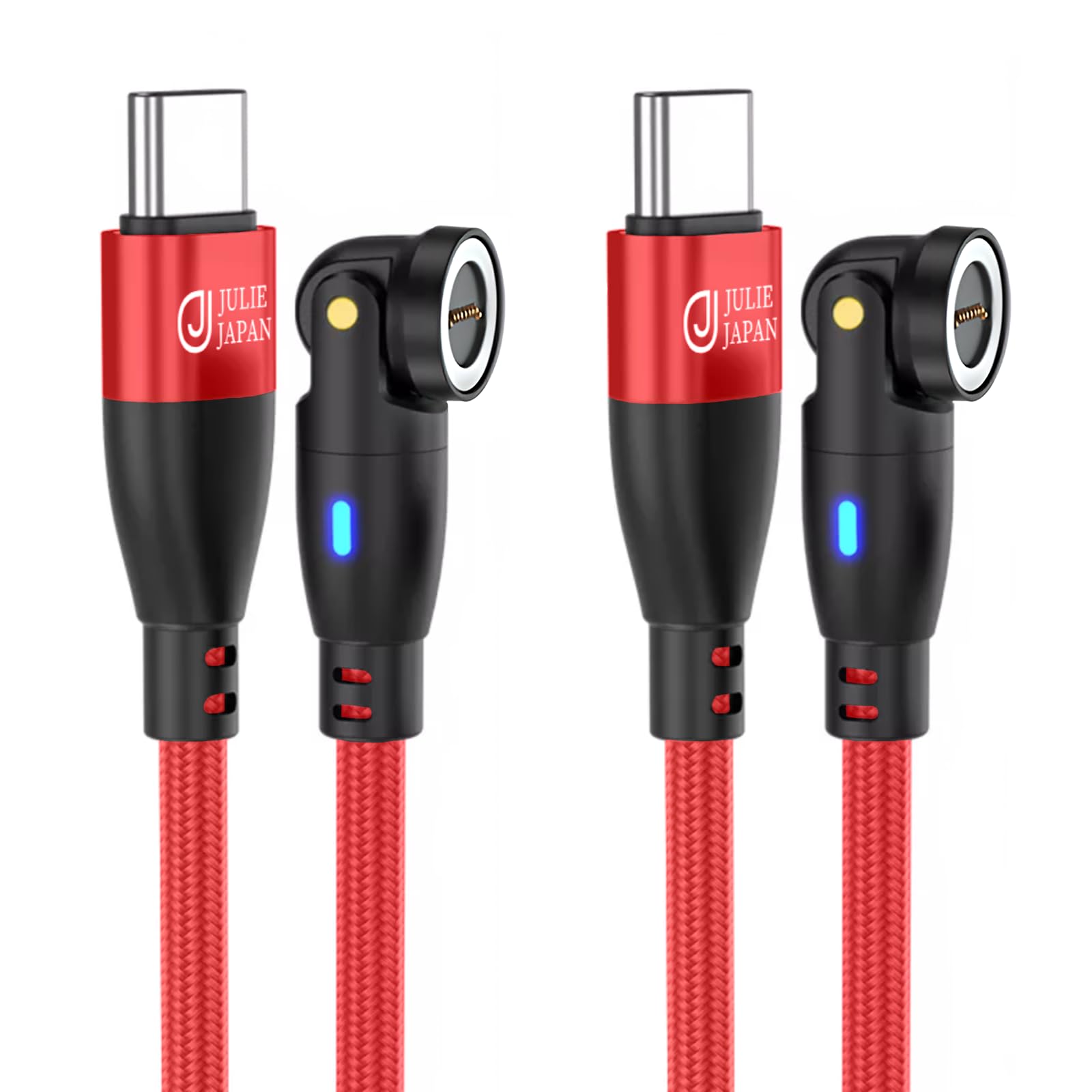 JJ JULIE JAPAN マグネット充電ケーブル 9pin PD 60W ケーブルのみ 端子なし QC データ通信対応 スイングヘッド レッド (1m,2本)