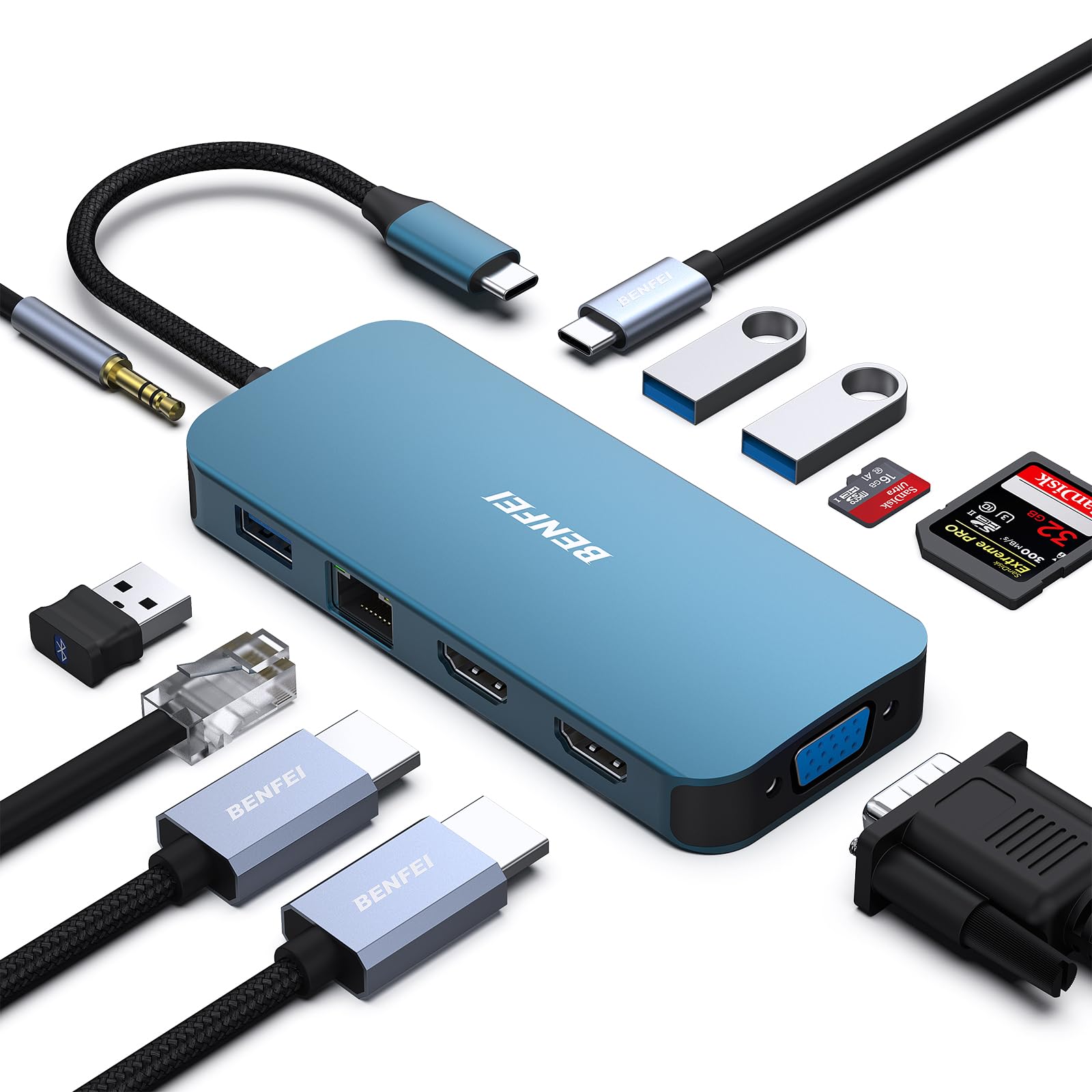 BENFEI 11-in-1 USB C MST ラップトップドッキングステーション シリコン織デザインケーブル付き USB-C ハブ USB-C から 3*HDMI/1*VGA 3*USB 3.0/SD/TF カードリーダー/イーサネット/100W パワーデリバリー/3.5mm