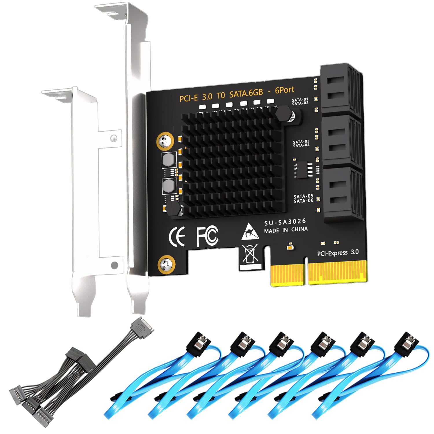 GLOTRENDS SA3026 6ポートPCIe X4 SATA3.0拡張カード、SATAケーブルおよび1:5 SATAスプリッタ電源ケーブル付属、Windows,Linux,Mac OS,NASと互換性あり