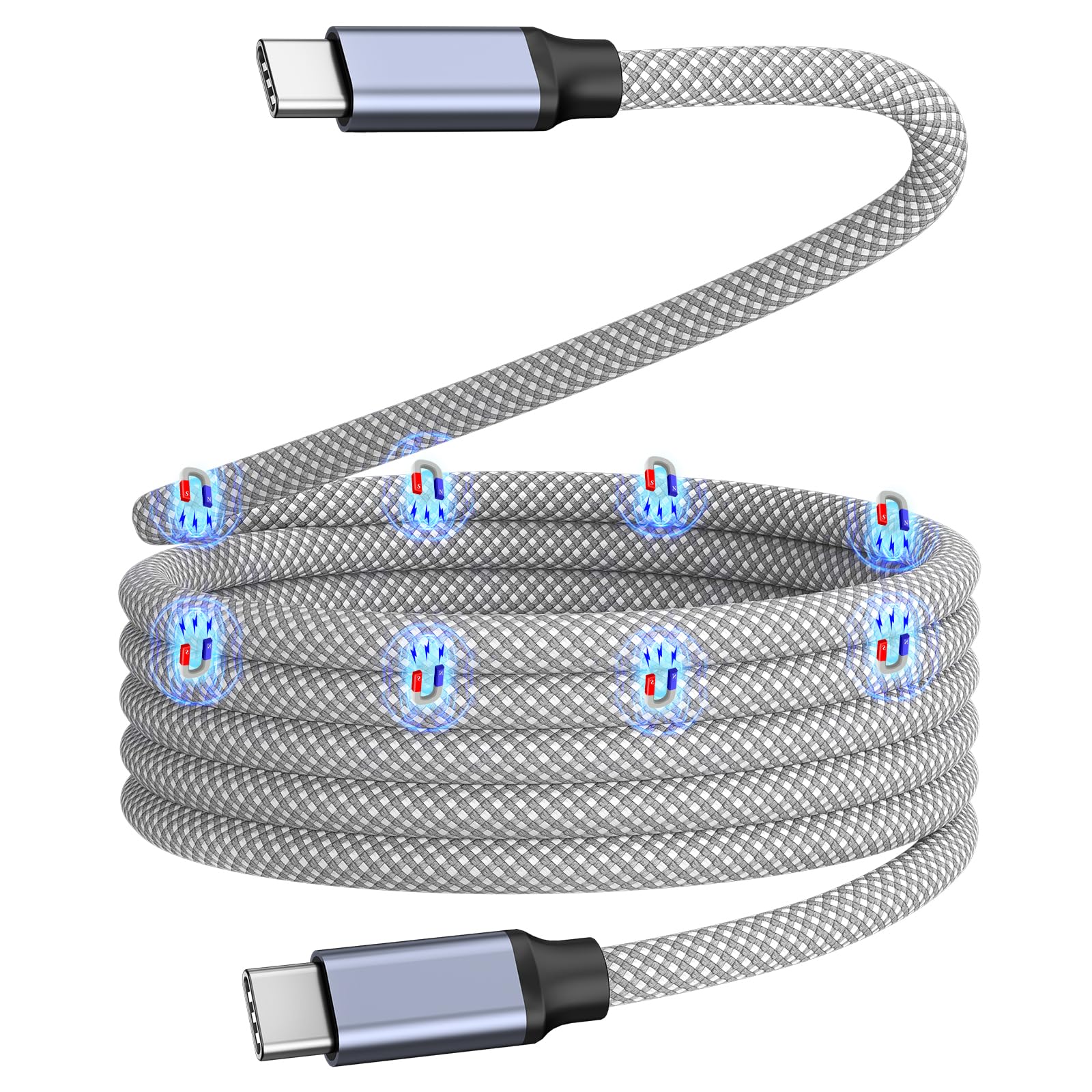 Magtame タイプcケーブル 磁石自動収納 240W/5A急速充電 type-cケーブル QC4.0/PD3.1対応 usbc-usbcケーブル 金属製コネクタ 高耐久二重ナイロンiPhone15/Mac_Book/iPad/Sam_sung/Xperia Galaxy等対応（シルバー-1M）