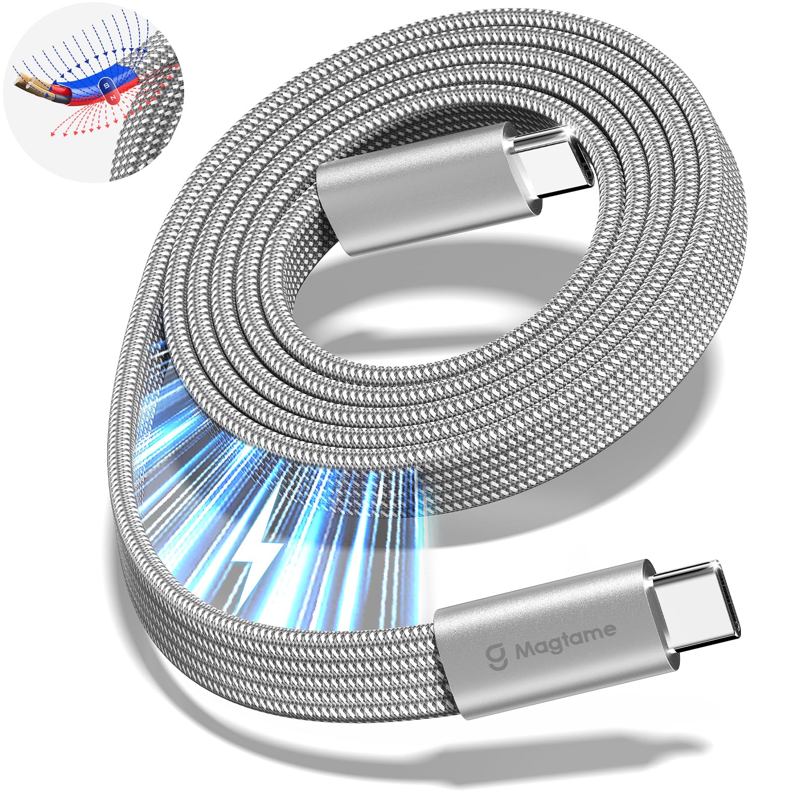 Magtame タイプcケーブル フラット平形 磁石自動収納 240W/5A急速充電 type-cケーブル QC4.0/PD3.1対応 usbc-usbcケーブル 金属製コネクタ 二重ナイロン iPhone15/MacBook/iPad/Samsung/Xperia Galaxy/Xperia等対応（シ
