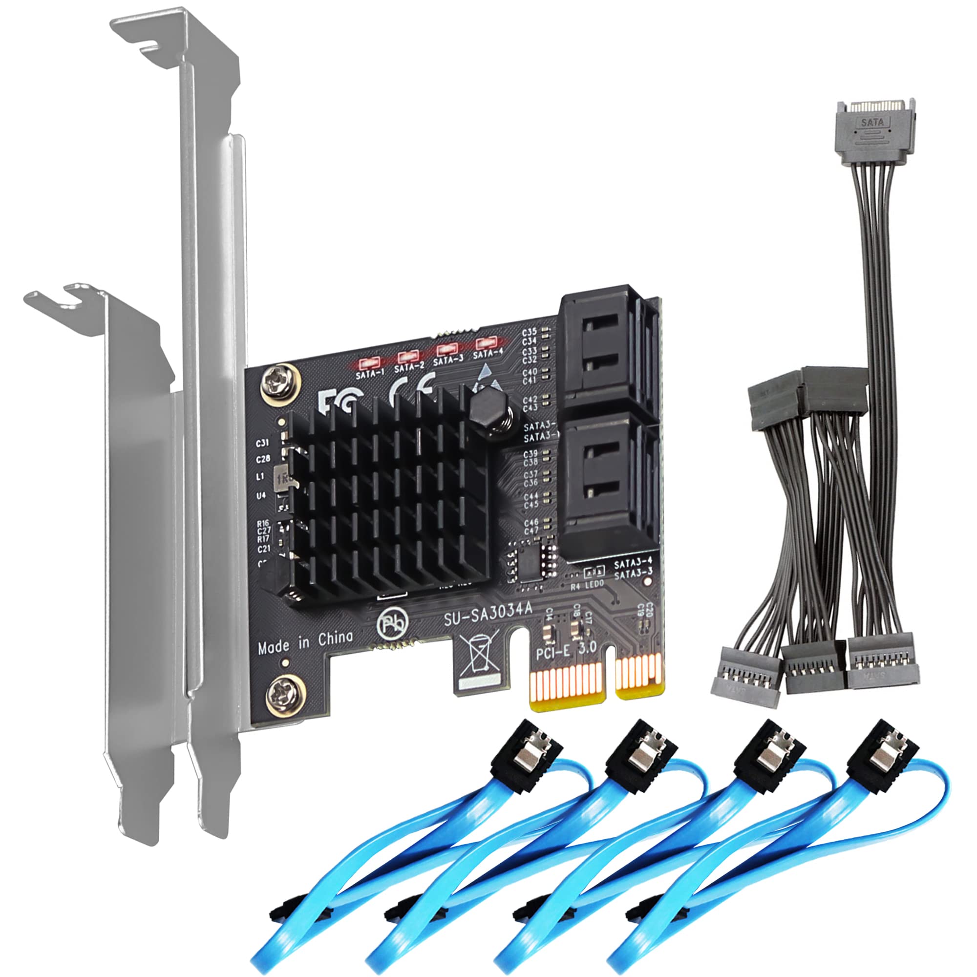 GLOTRENDS SA3034A 4ポートPCIe SATA3.0拡張カード、OSブートをサポート、SATAケーブルおよび1:5 SATAスプリッタ電源ケーブルを含む、Windows,Linux,Mac OS,NASと互換性あり
