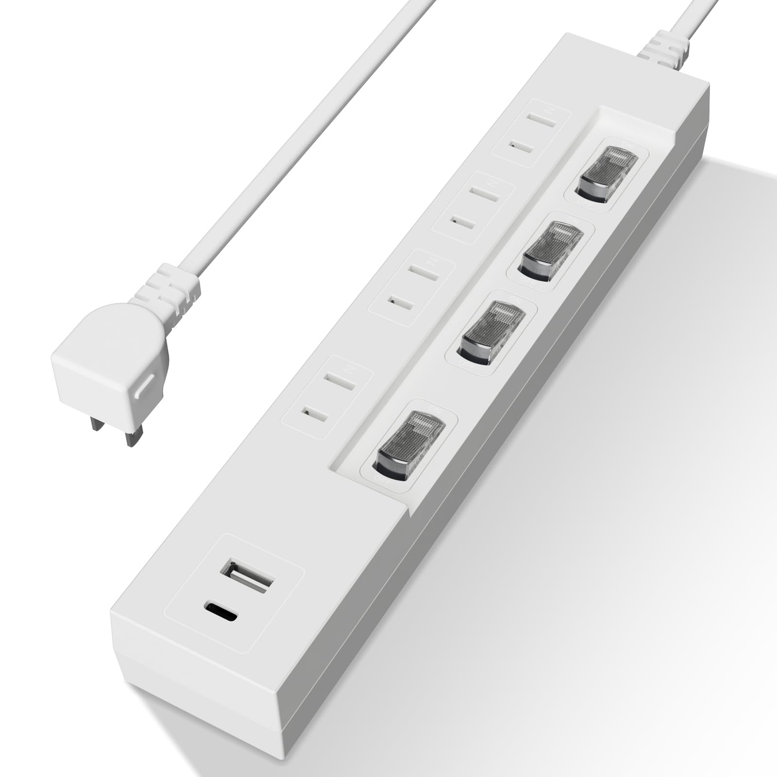 【ヒカリテラス】 PD対応 節電スイッチ付 シャッター付電源タップ 雷ガード USB付 Type-C 20WPD出力 USBタップ ４個AC口 USBA&times;１、USB type-C&times;１ ほこりシャッター付 ２ｍケーブル ホワイト｜T.M.Bストア