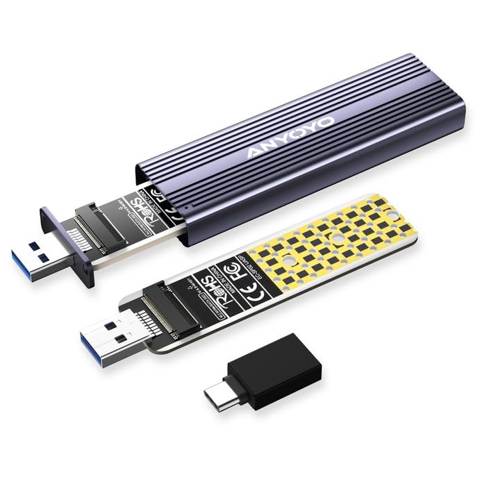 M.2 NVME SATA SSD ケース,Anyoyo USB 3.2 Gen 2 10 Gbps高速転送, M-Key/M+B Key SSD 外付けケース, 2242/2260/2280 M.2 NVME/SATA 両対応ケース 支持 8TB大容量 【USB A-C&USB C-C 2本ケーブル付き】