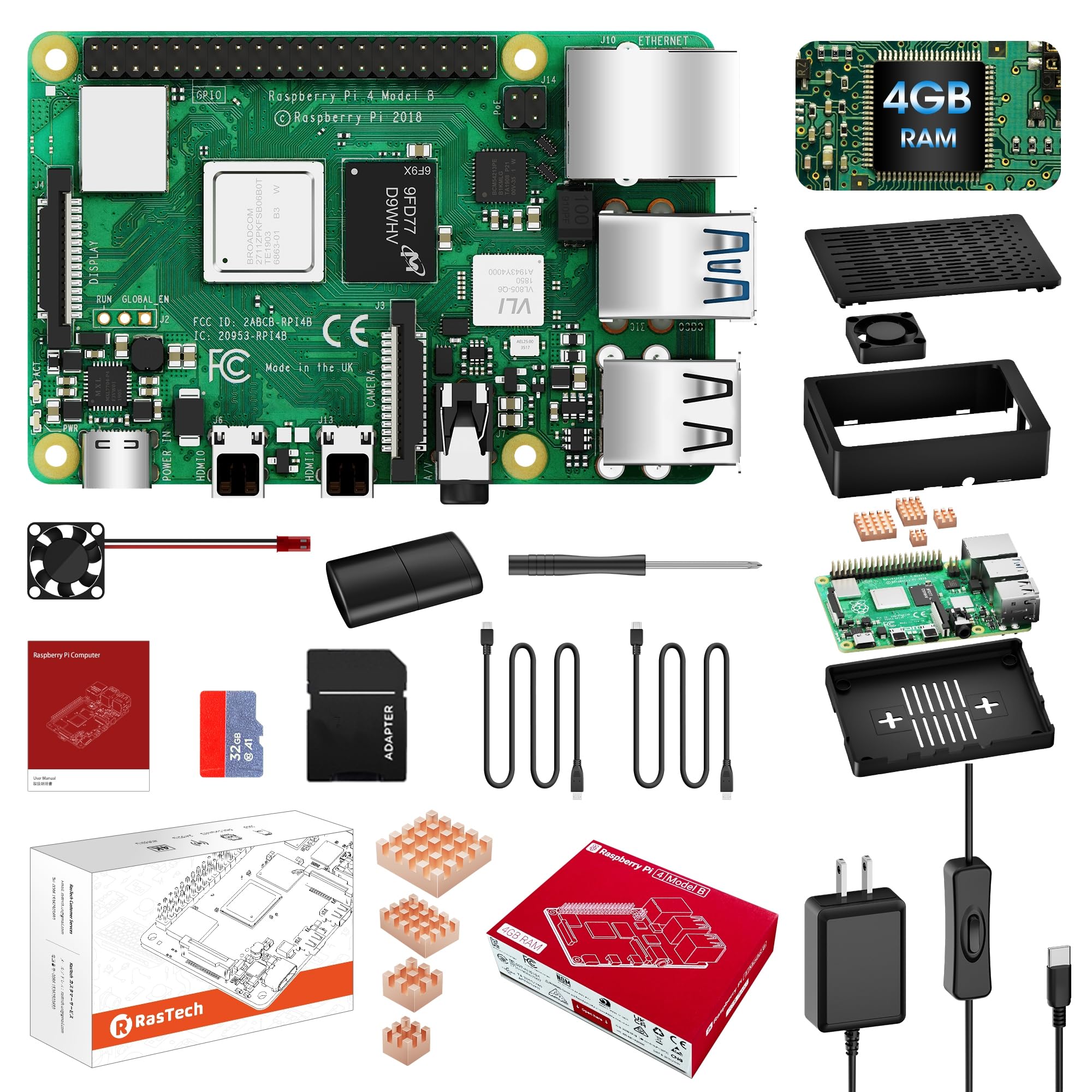 RasTech Raspberry Pi 4 Model B(ランダムアクセス記憶装置 4GB) Pi4 4gb 書き割り ラズベリーパリア犬4b/技適目じるし付き添い人/ 32GB 歌留多/ 5V 3A 取り替えっこ付き添い人ワット数アダプタ/固定ディスク OUT有線テレビ伝達ルート/CAT6サイバー空間有線テレビ/ラズパイ専用容れもの/冷やかす