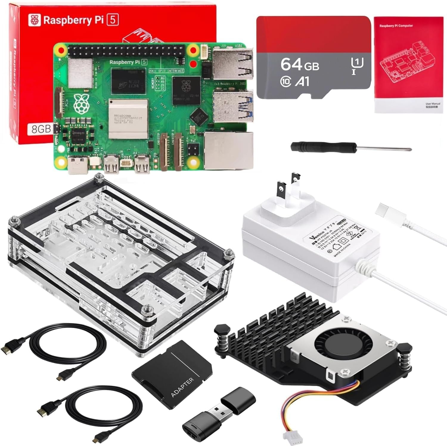 Vesonn Raspberry Pi 5 8GB セット 技適マーク付き ラズベリーパイ5 8GBボード/64GBカード//5.1V 5A USB-Type-C 電源アダプター/アクティブ冷却ヒートシンク/アクリル9層ケース/Micro HD Outケーブルライン