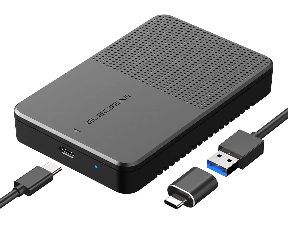 ElecGear USB C 3.1外付けディスクエンクロージャ、7mm～15mm 2.5インチSATAハードドライブケース、厚型および標準2.5インチHDDおよびSSD用のポータブルキャディコンバーター、タイプAケーブルおよ