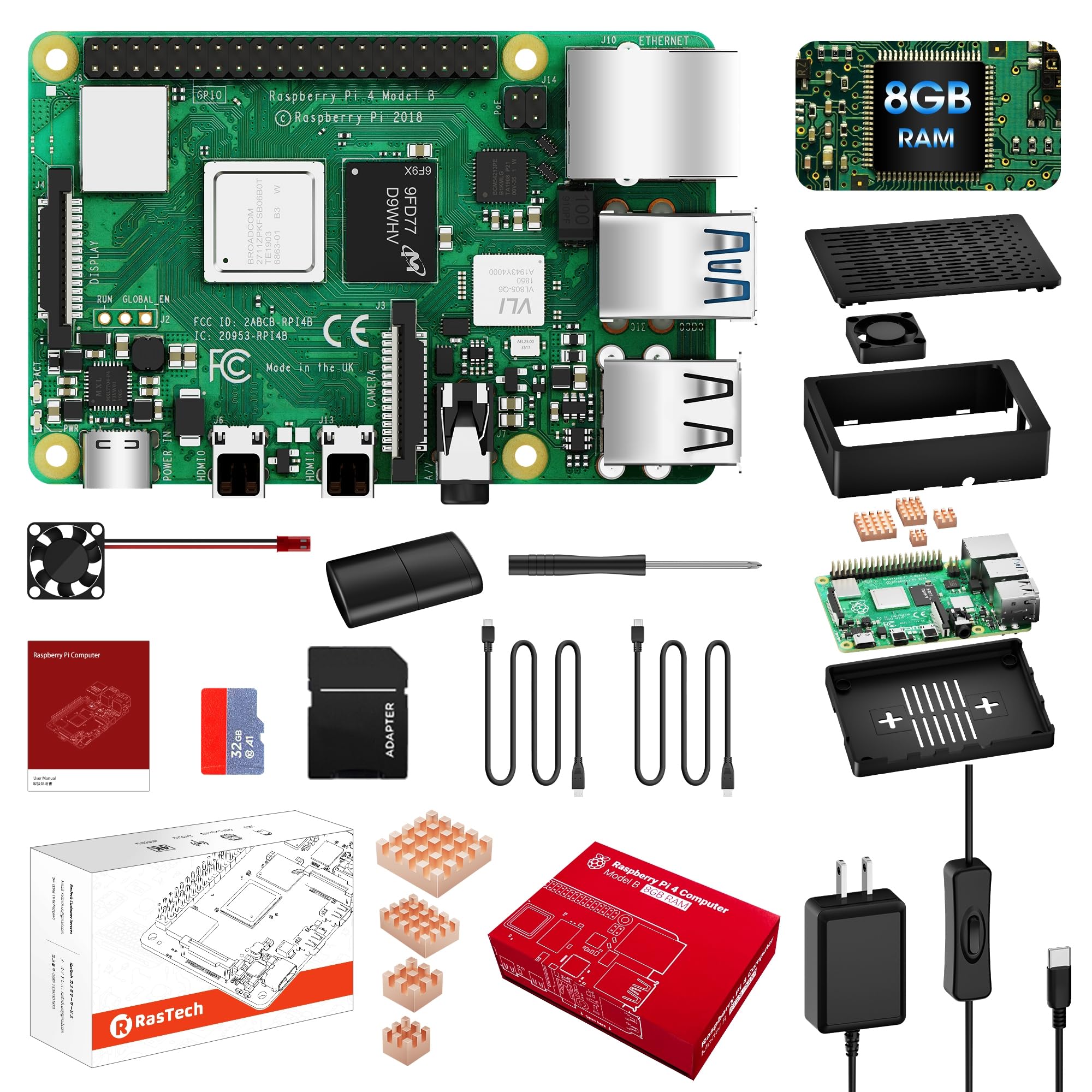 RasTech Raspberry Pi 4 Model B(ランダムアクセス記憶装置 8GB) Pi4 8gb 書き割り ラズベリーパリア犬4b/技適目じるし付き添い人/ 32GBの記憶装置歌留多/ 5V 3A 取り替えっこ付き添い人ワット数アダプタ/固定ディスク OUT有線テレビ伝達ルート/CAT6サイバー空間有線テレビ/ラズパイ専用ケ