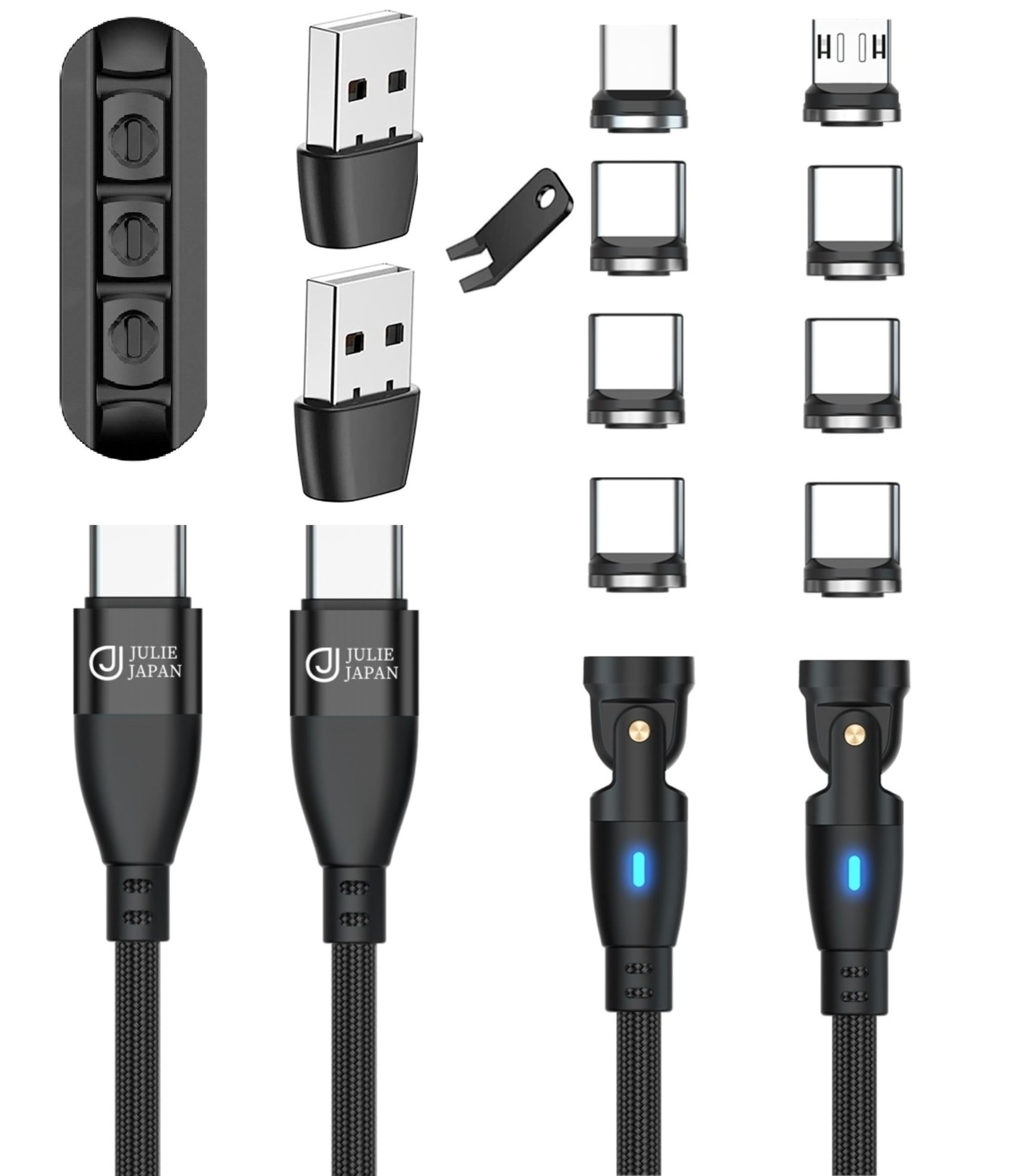 JJ JULIE JAPAN マグネット充電ケーブル PD対応 9PIN 100W マグネット端子3種類セット(USB-C 6個、Micro-USB 1個、アイプロダクト 1個) 急速充電 データ通信対応 2本セット(2m,ブラック)｜T.M.Bストア 14,365円