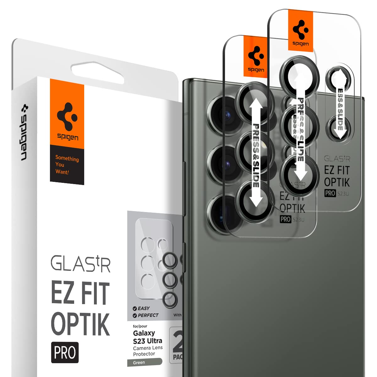Spigen EZ Fit Optik Pro 写真機写真フィルム Galaxy S23 Ultra 用 貼り後ばらい一揃いの道具付き添い人 銀河系 S23 Ultra 相応う 水晶体保護すること写真フィルム 緑であること 2書き割り
